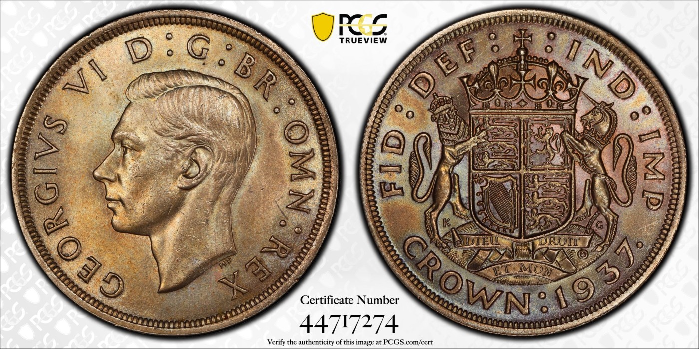 长老汇龙年精选第二场 1937 英国乔治六世克朗银币，PCGS MS63分，非常漂亮，64分曾卖到18000多元