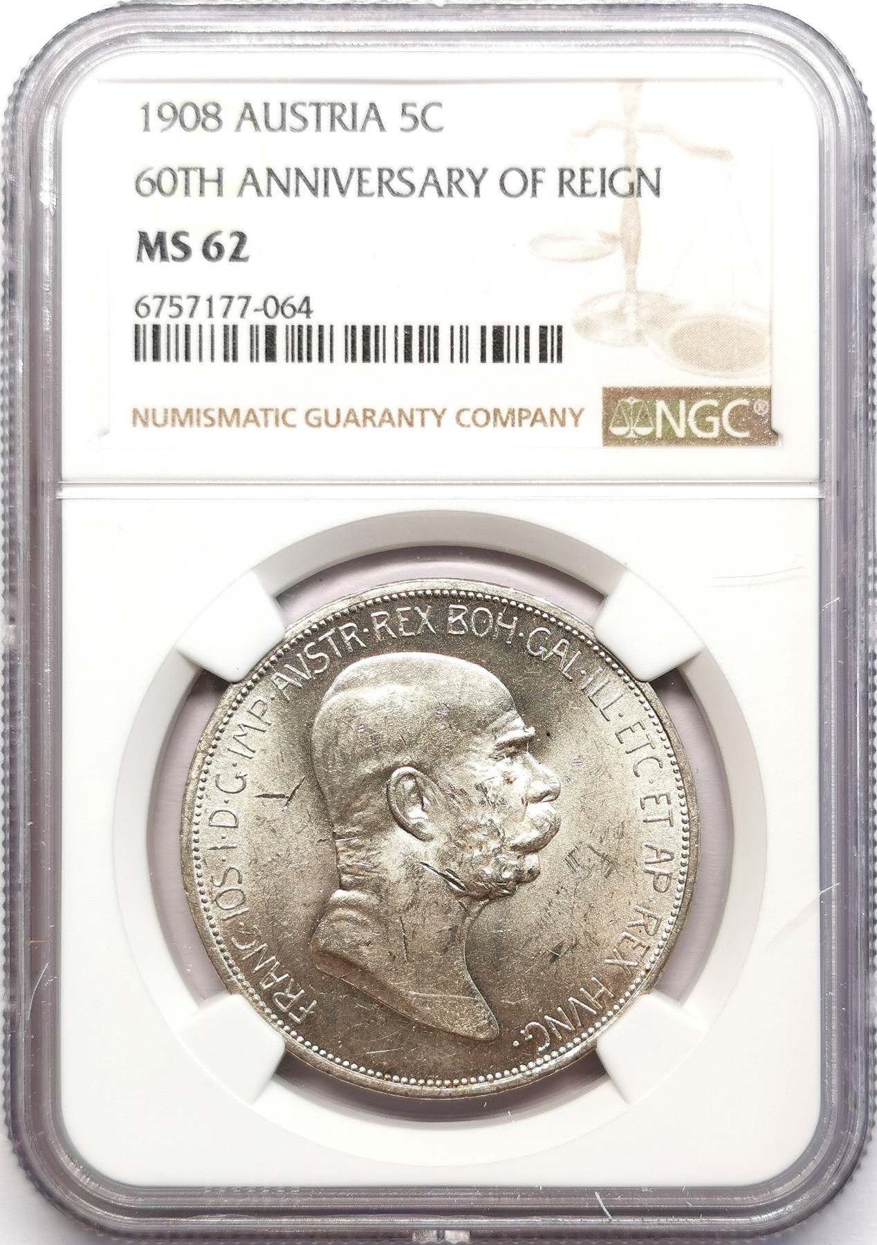 凡希社世界钱币微拍第二百六十二期 1908奥地利弗朗茨加冕60周年拿花5科罗纳大银NGC-MS62光度一流！