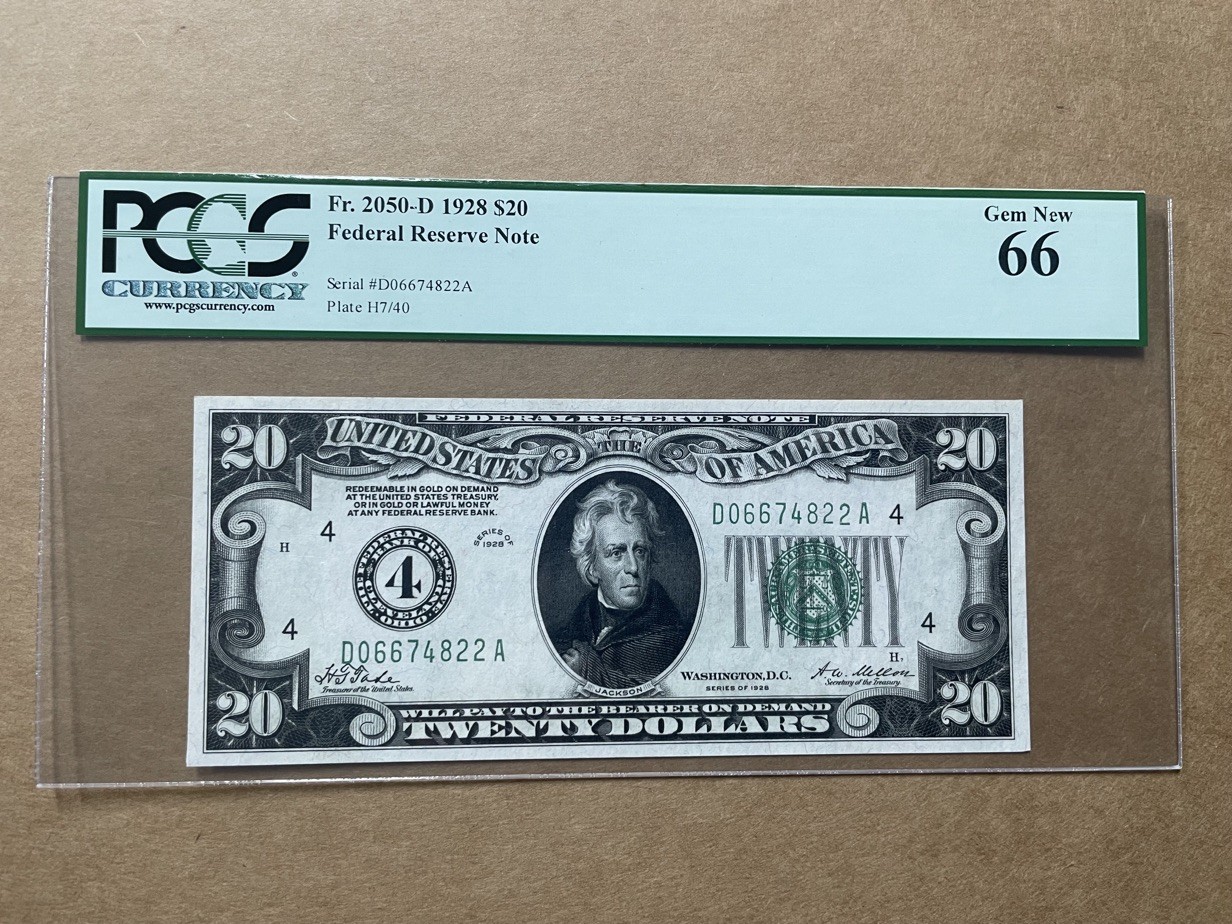 美国1928年数字版20美元 克利夫兰联储 行号4 PCGS66
