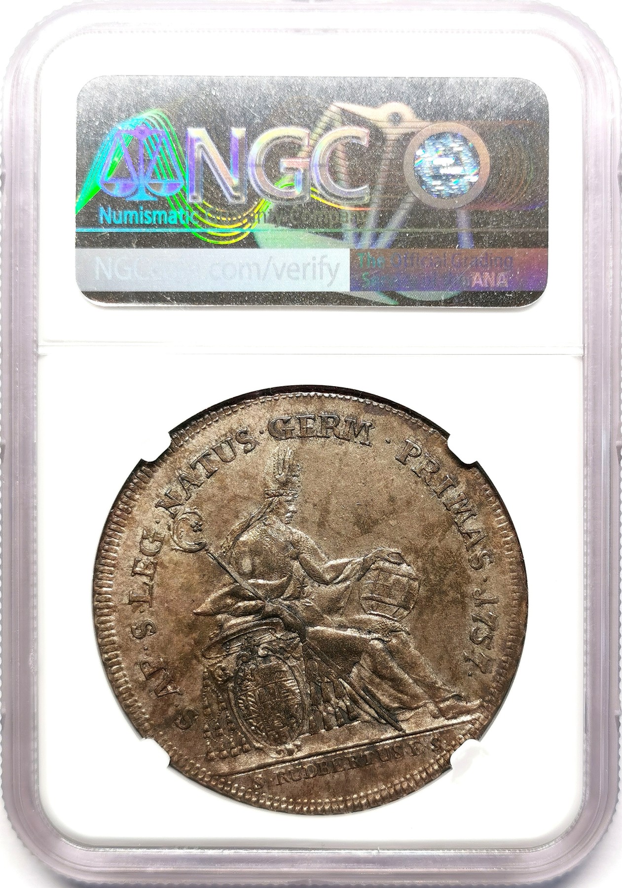 凡希社世界钱币微拍第二百六十二期 1757萨尔茨堡亲王大主教西吉斯蒙德泰勒大银NGC-AU58，一年型，书价是后期希罗尼穆斯的两倍！深五彩底光可见，全深打细节锐利，背面描绘的圣鲁伯特形象极为传神。