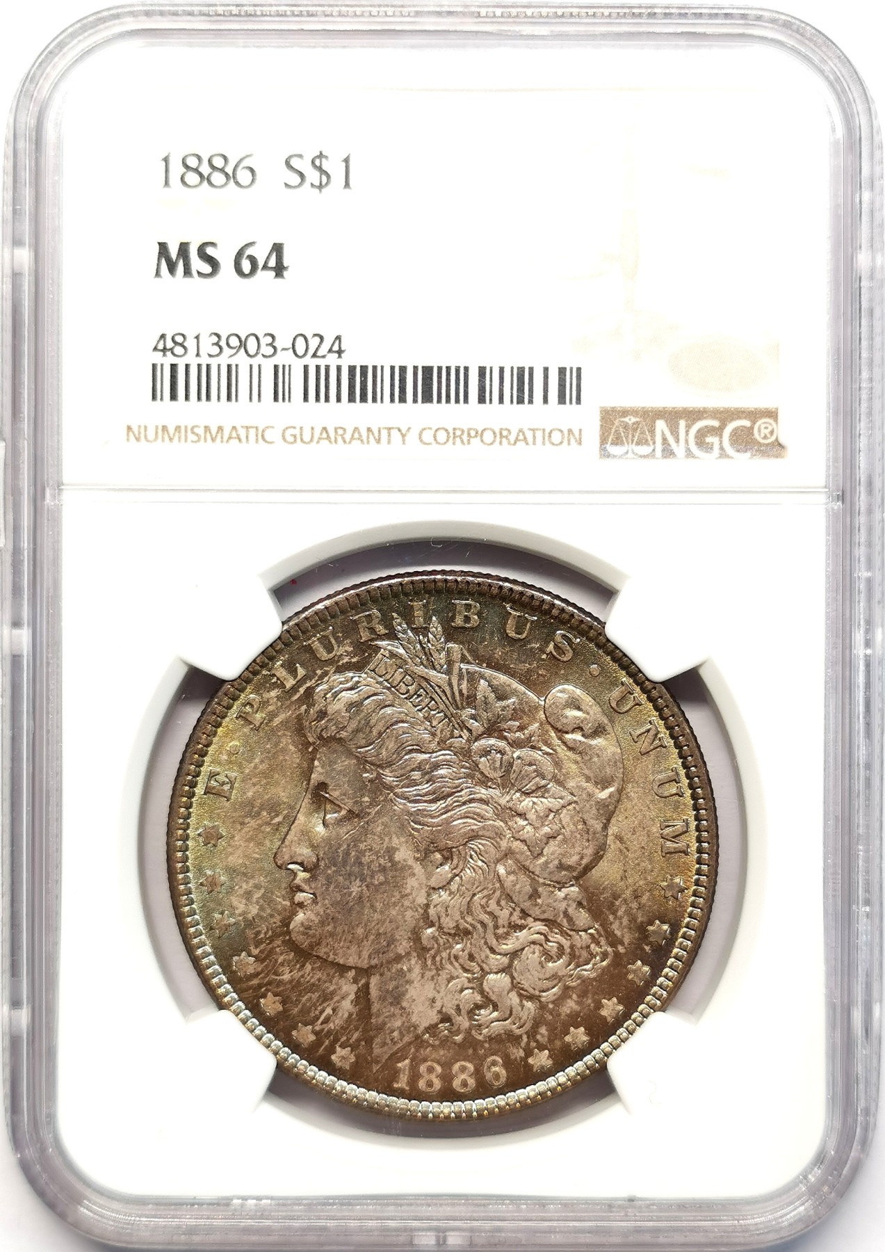 凡希社世界钱币微拍第二百六十二期 1886美国摩根壹元NGC-MS64青金+紫金双面彩！