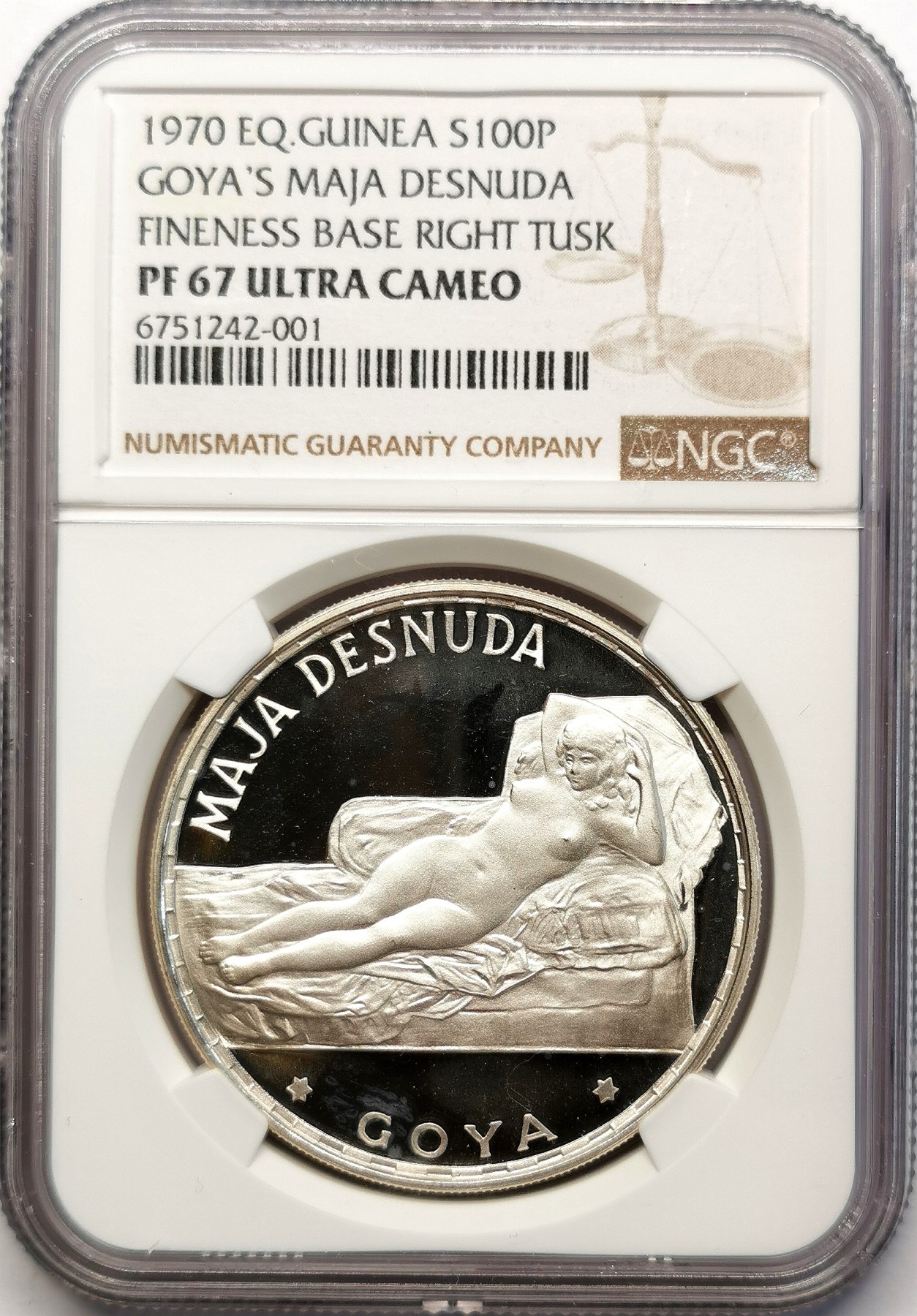 凡希社世界钱币微拍第二百六十二期 1970赤道几内亚戈雅名画-裸体的玛哈100P大银精铸NGC-PF67UC附原厂包装证书！