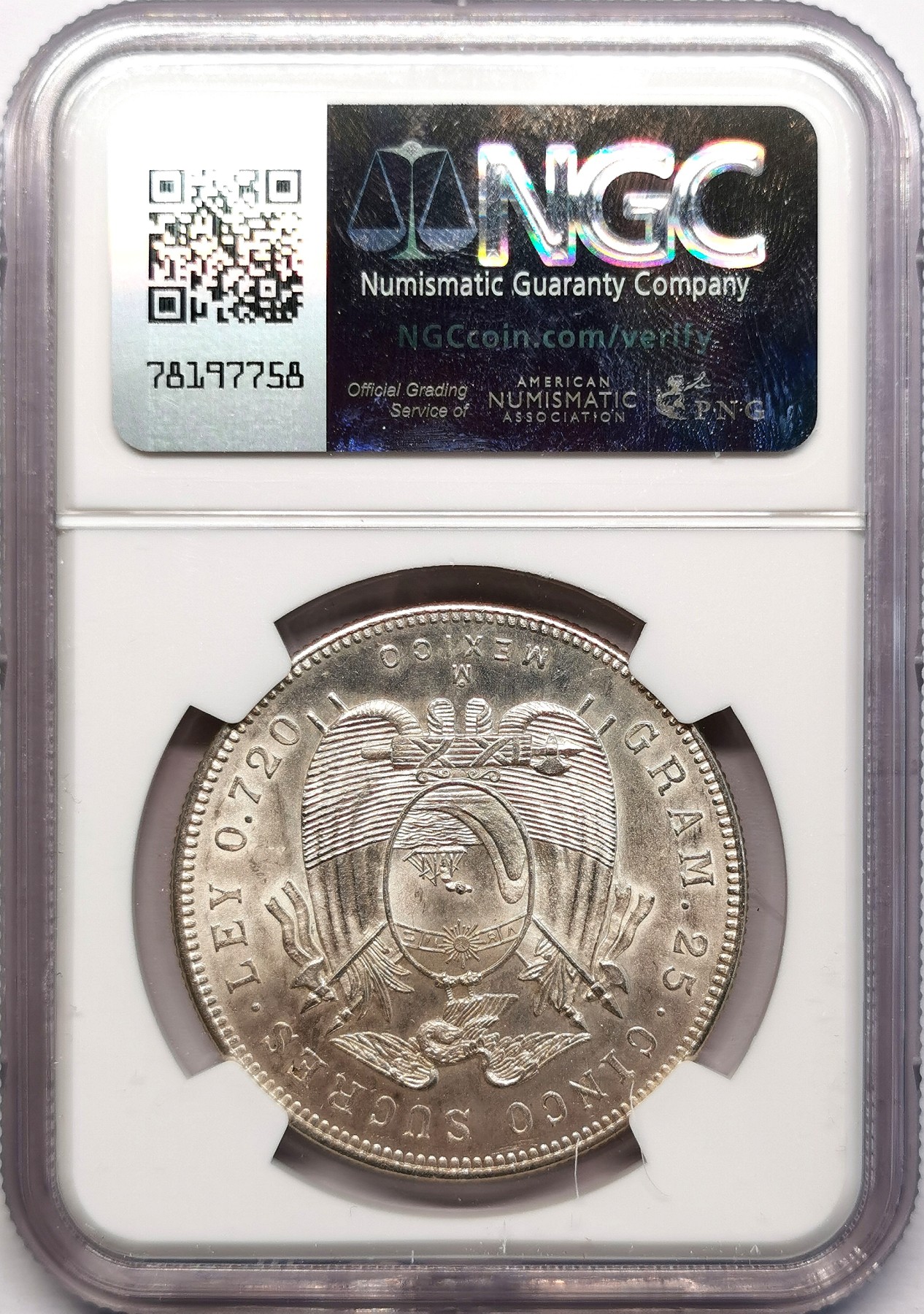 凡希社世界钱币微拍第二百六十二期 1943厄瓜多尔5苏克雷大银NGC-MS62