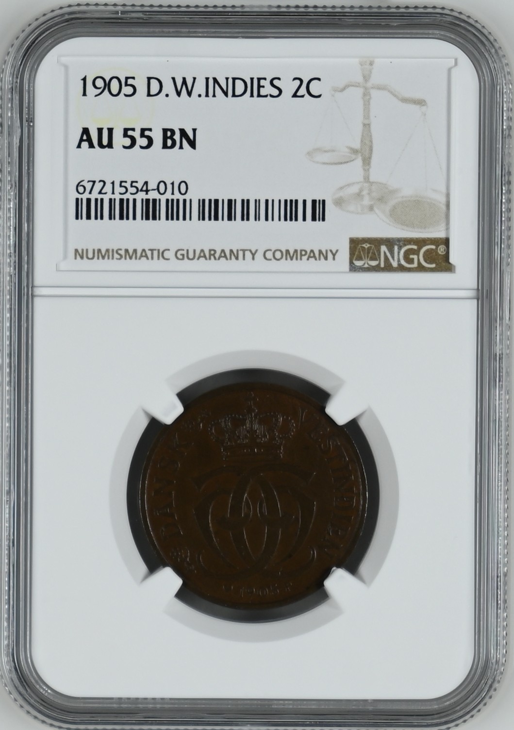 长老汇龙年精选第二场 1905 丹麦属西印度羣岛2分铜币，NGC AU55BN，更高分仅有15枚