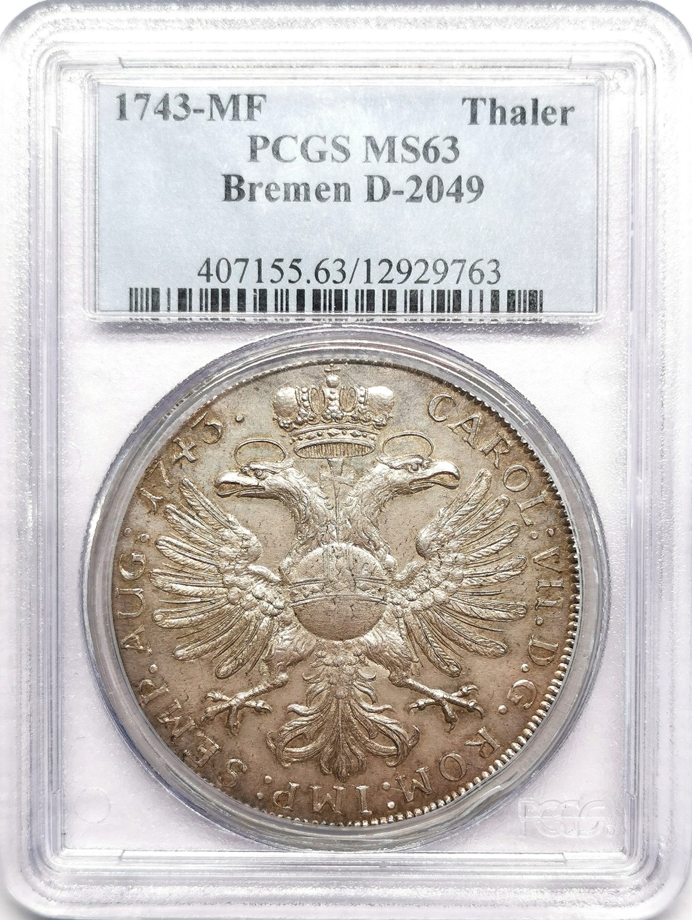 凡希社世界钱币微拍第二百六十二期 荐！1743帝国自由市不来梅双头鹰与城市徽章泰勒大银PCGS-MS63，珍稀一年型，欧陆经典的枪灰色包浆，P唯一最高分，压箱底品质！