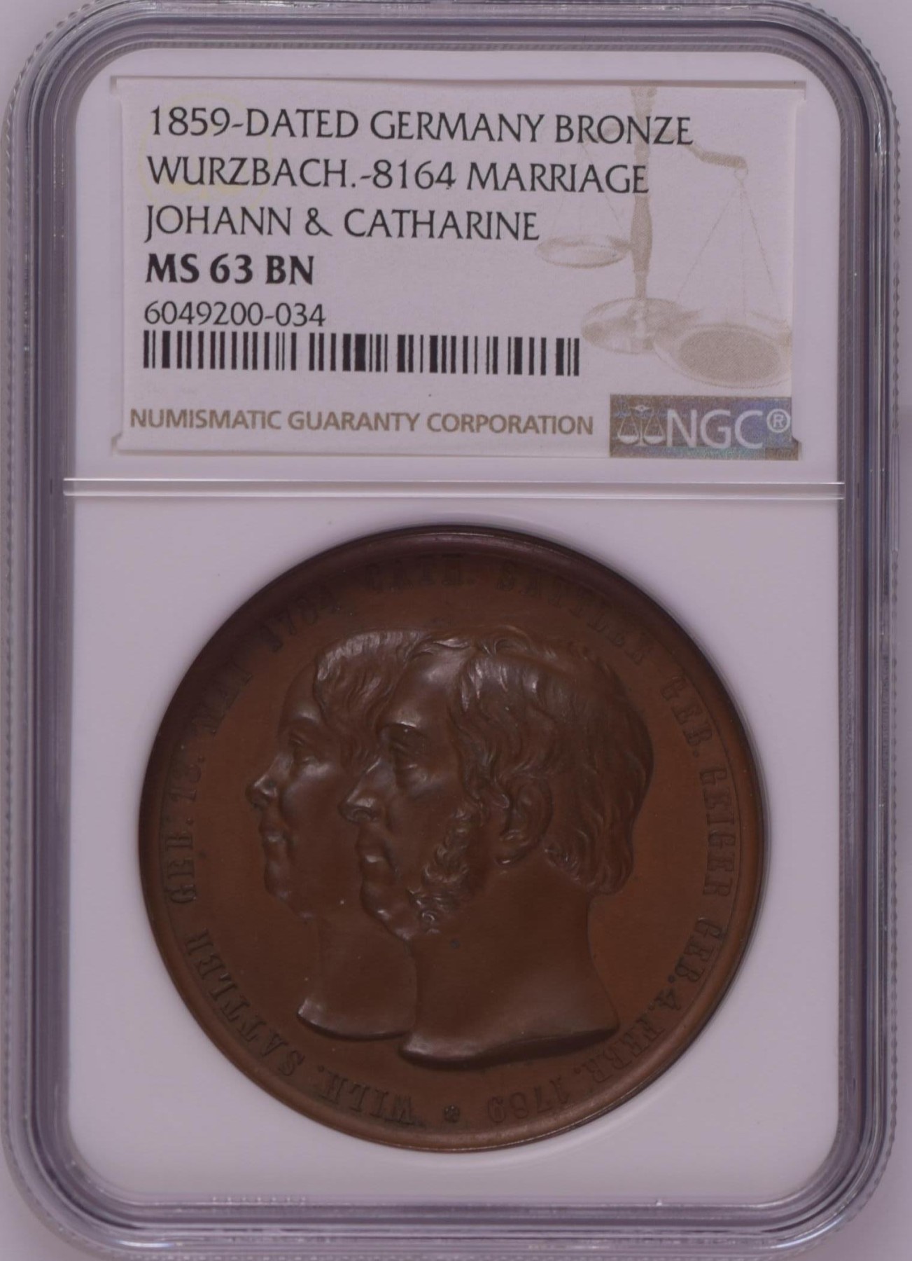 长老汇龙年精选第二场 1859-DATED 德国维尔茨巴赫约翰和凯瑟琳结婚纪念大铜章，NGC MS63BN，唯一记录