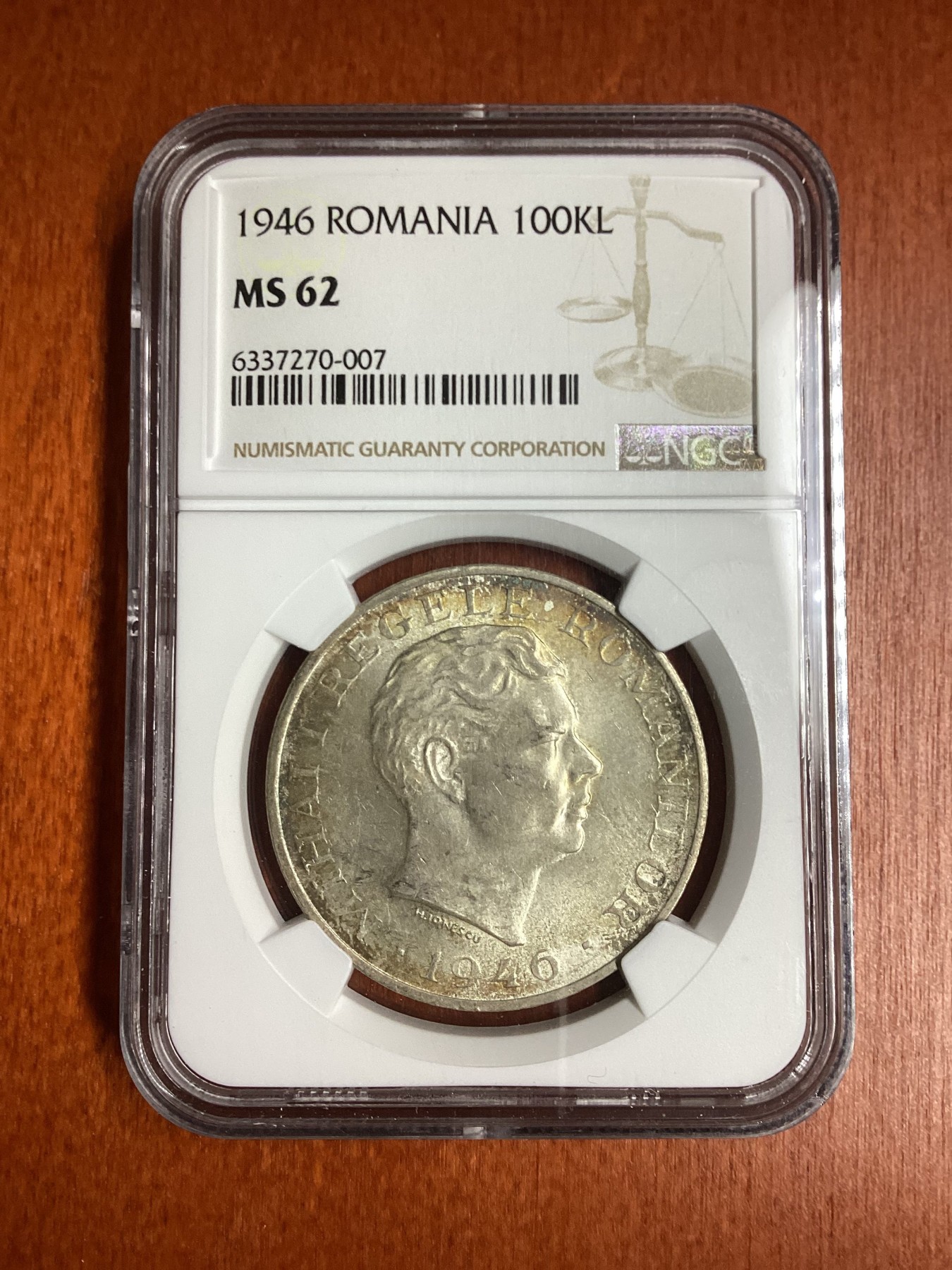长老汇龙年精选第二场 1946 罗马尼亚米哈伊一世10万列银币，NGC MS62分
