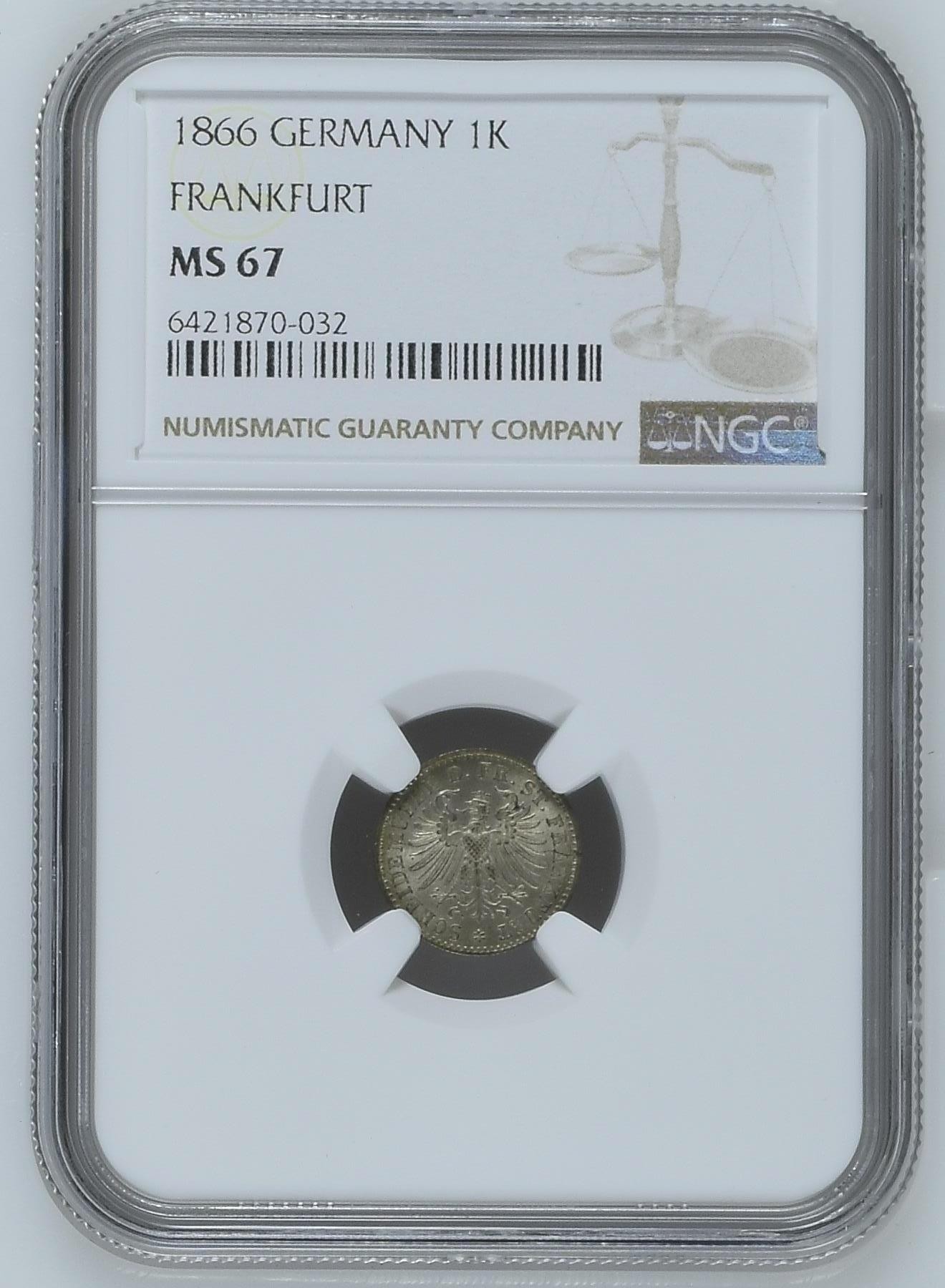长老汇龙年精选第二场 1866 德国法兰克福1克洛泽银币，NGC MS67分，季军分，更高分仅有6枚，特年