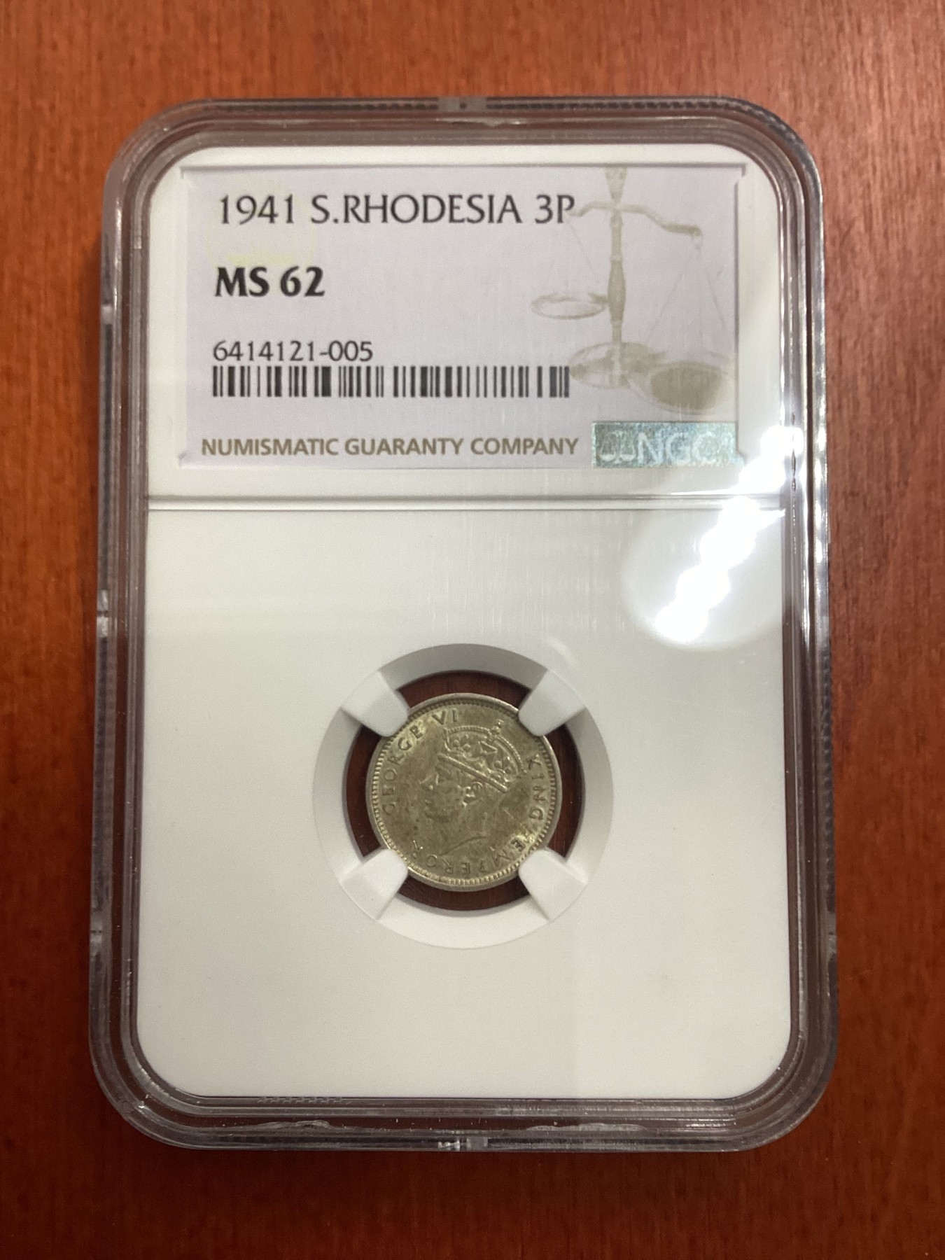 长老汇龙年精选第二场 1941南罗德西亚乔治六世3便士银币，NGC MS62分，更高分仅有6枚