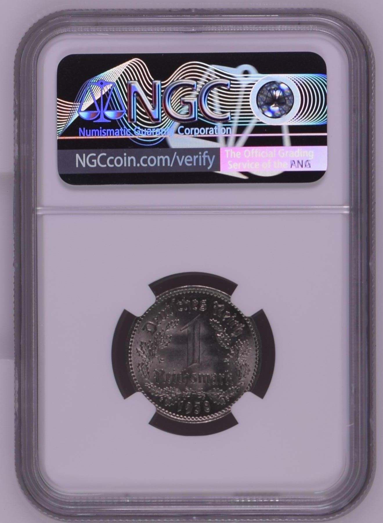 长老汇龙年精选第二场 1938A 德国第三帝国1马克镍币，NGC MS64分，季军分，更高分仅有2枚