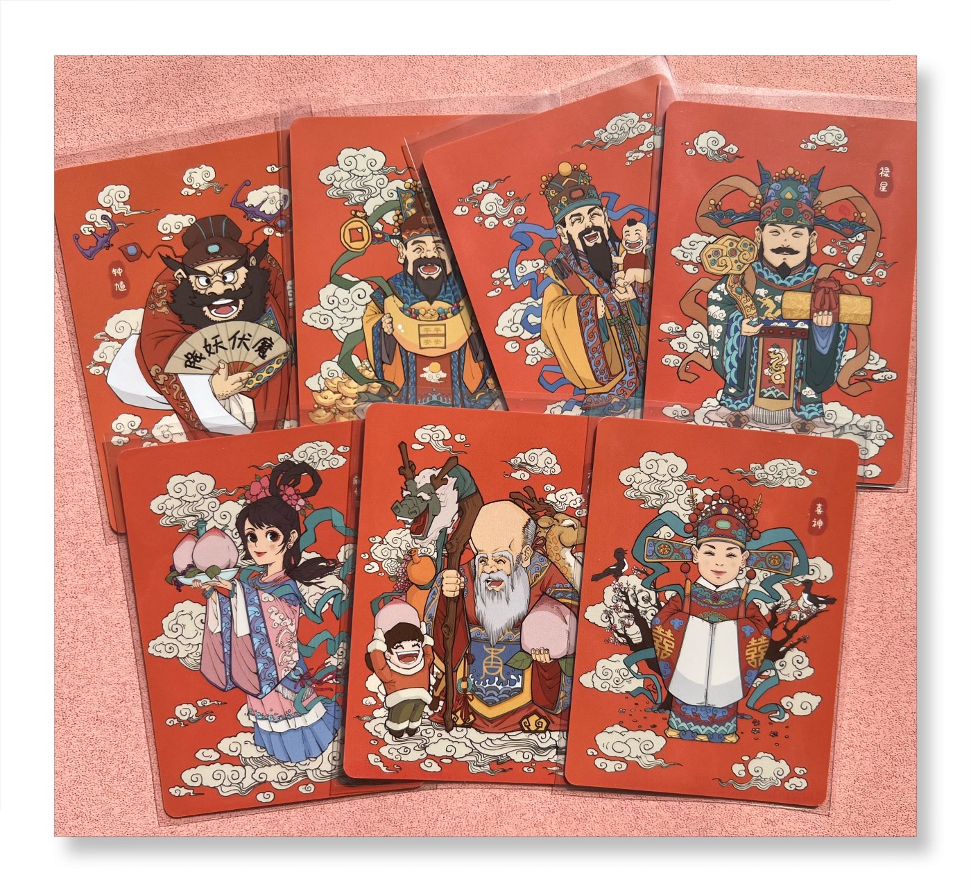 【直播】小花瓣原创卡牌精品专场拍卖【第3期】 【民间吉神】吉神五福卡 7张普卡 