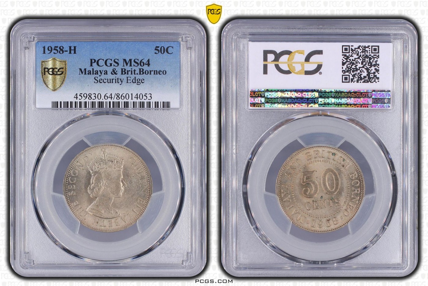 长老汇龙年精选第二场 1958-H 马来西亚和英属婆罗洲伊丽莎白二世50分铜镍币，PCGS MS64分，更高分仅有13枚，安全边