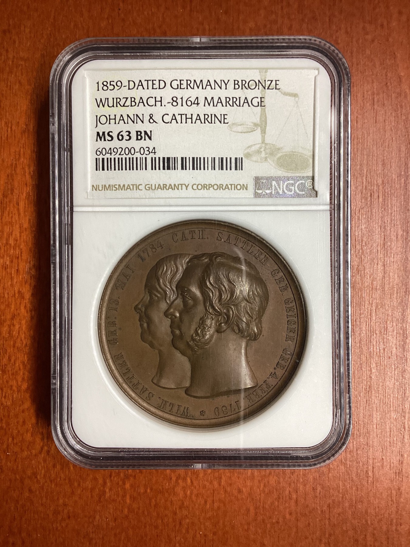 长老汇龙年精选第二场 1859-DATED 德国维尔茨巴赫约翰和凯瑟琳结婚纪念大铜章，NGC MS63BN，唯一记录