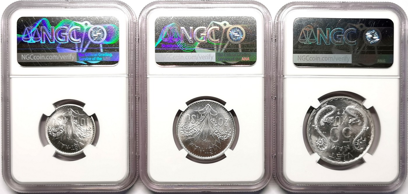 凡希社世界钱币微拍第二百六十二期 1953南越流通版铝币三枚套NGC-MS65高分顶级品！
