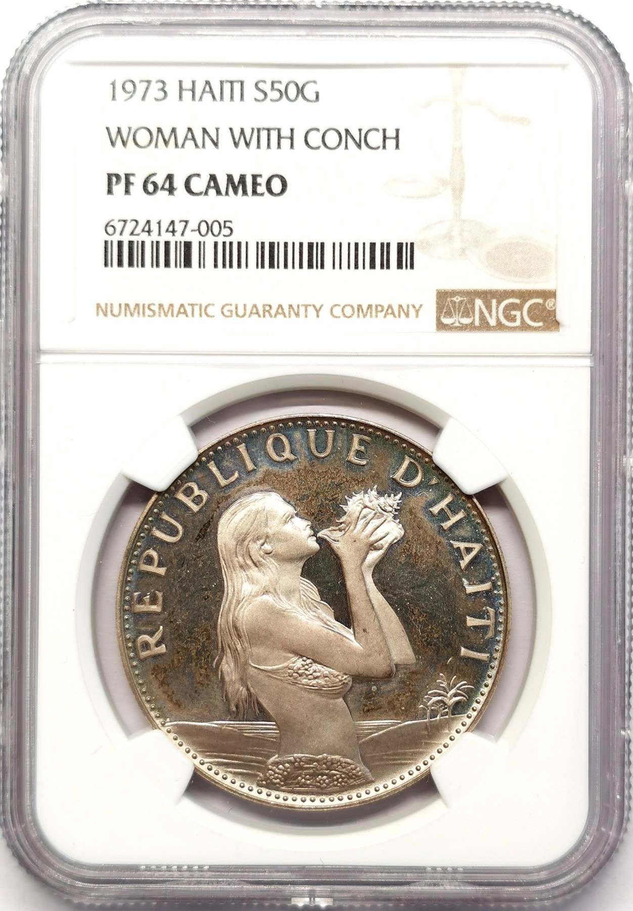 凡希社世界钱币微拍第二百六十二期 1973海地海螺少女50G大银精铸NGC-PF64CAMEO
