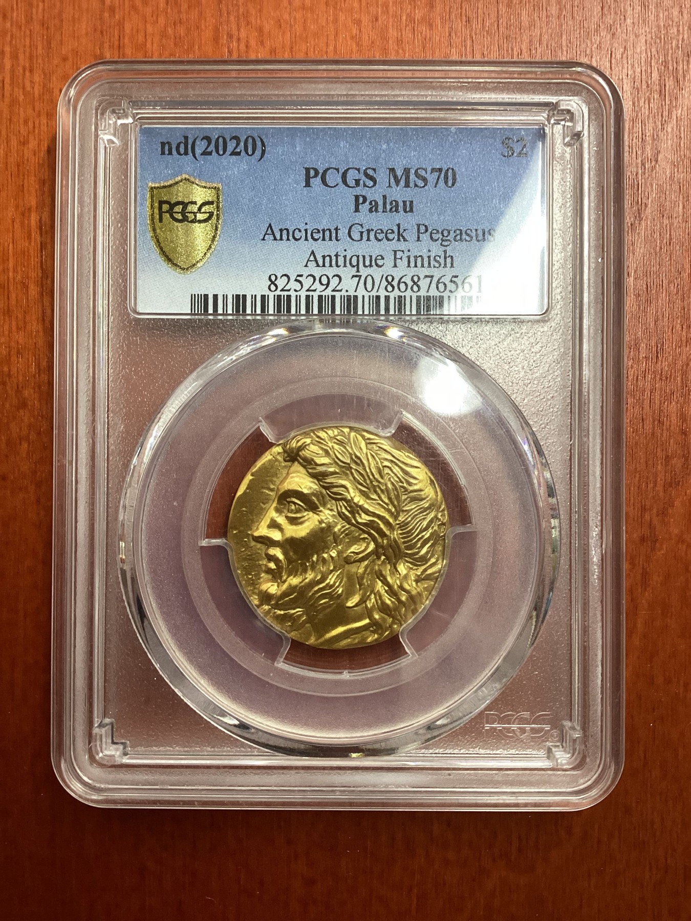 长老汇龙年精选第二场 nd(2020) 帕劳仿古希腊飞马镀金2元银币，PCGS MS70, 发行量500枚