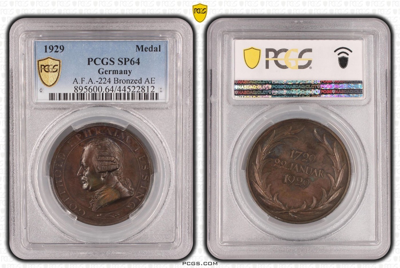 长老汇龙年精选第二场 1929 德国莱辛纪念铜章，PCGS SP64分，加厚盒