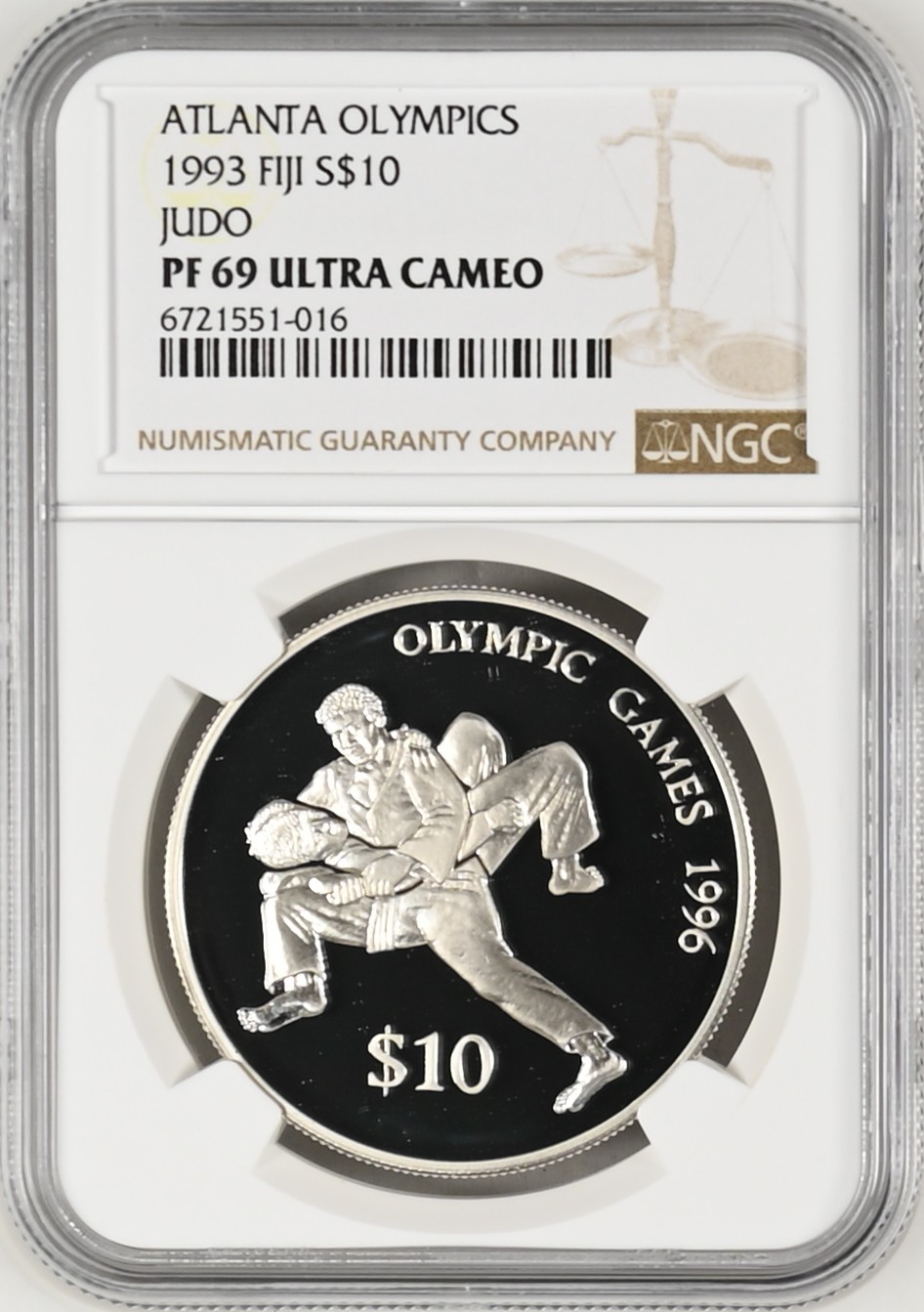 长老汇龙年精选第二场 1993 斐济亚特兰大奥运会柔道10元精制银币，NGC PF69UC，亚军分，更高分仅有一枚