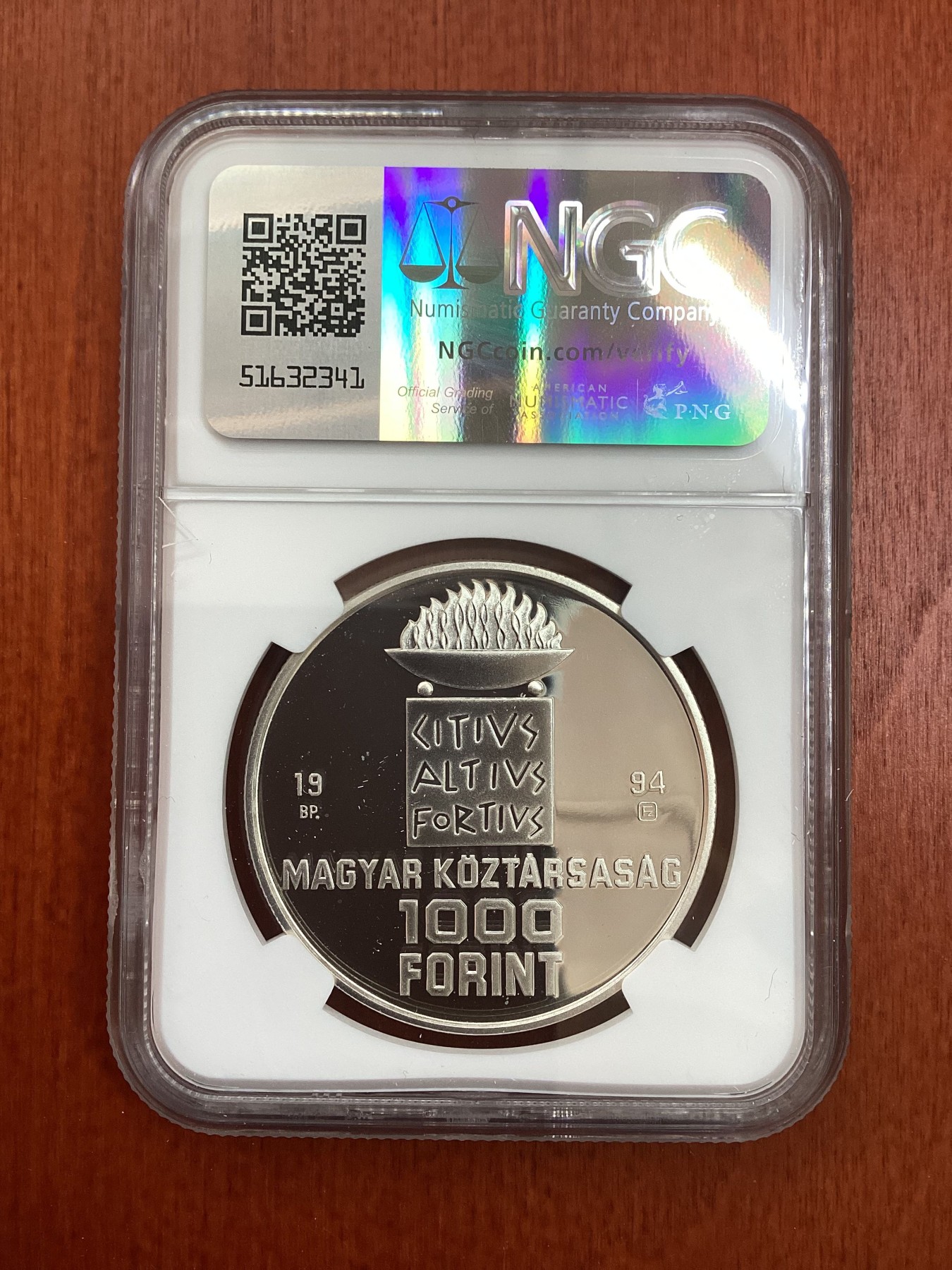 长老汇龙年精选第二场 1994BP 匈牙利亚特兰大奥运会游泳1000弗林特精制银币，NGC PF68UC，季军分，更高分仅有4枚