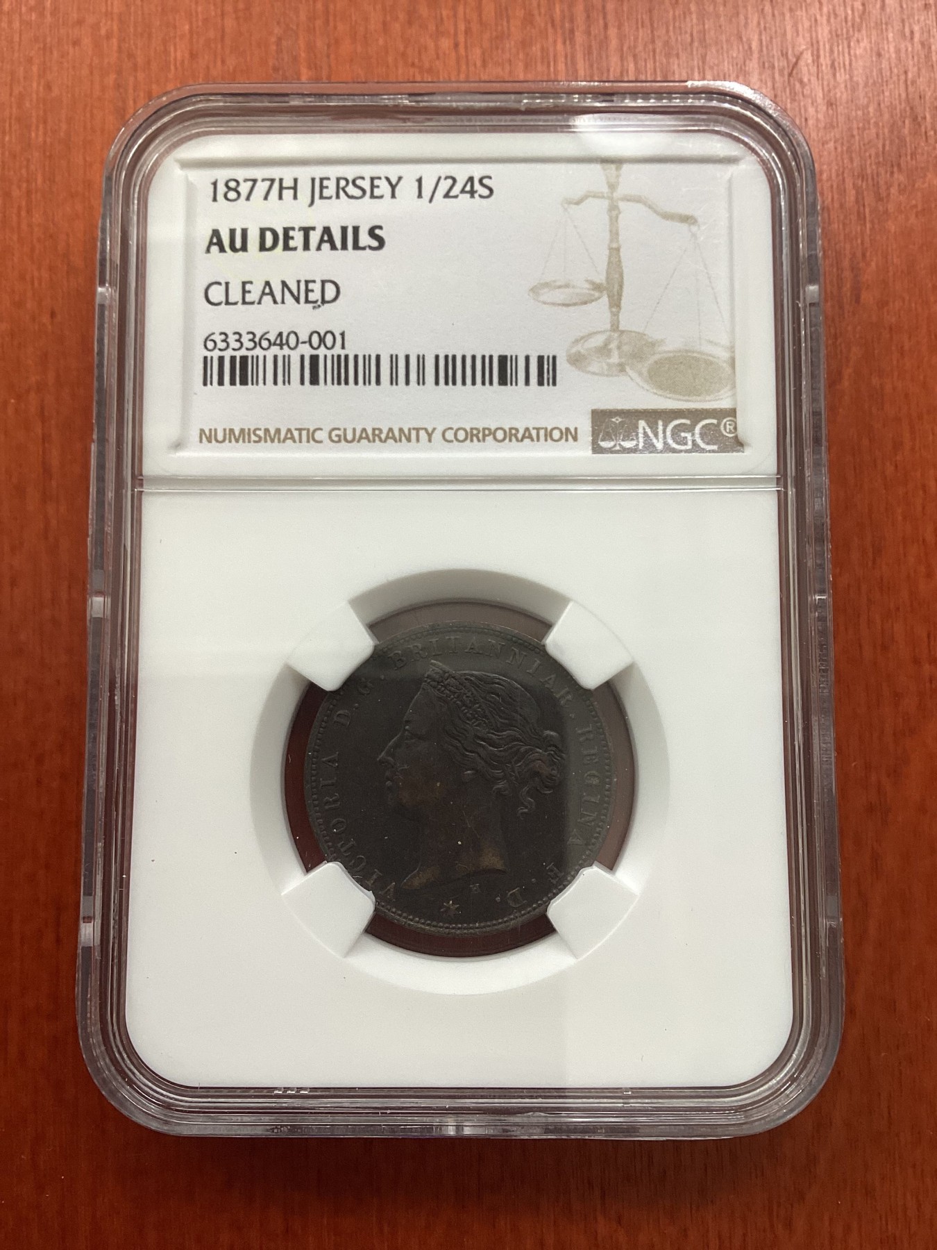 长老汇龙年精选第二场 1877H 泽西维多利亚1/24先令铜币，NGC AUC