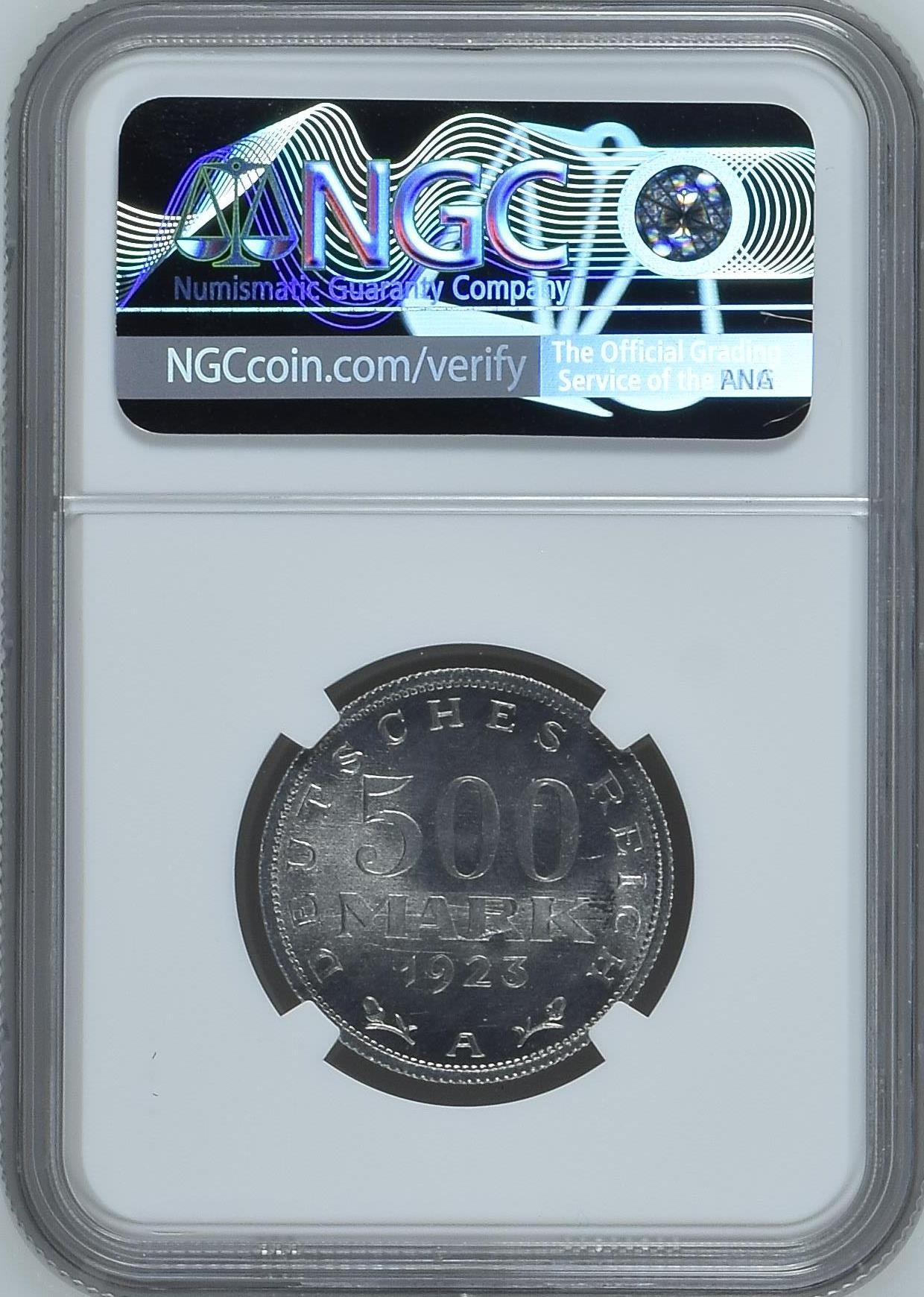 长老汇龙年精选第二场 1923A 德国魏玛500马克铝币，NGC MS67分，季军分，更高分仅有5枚