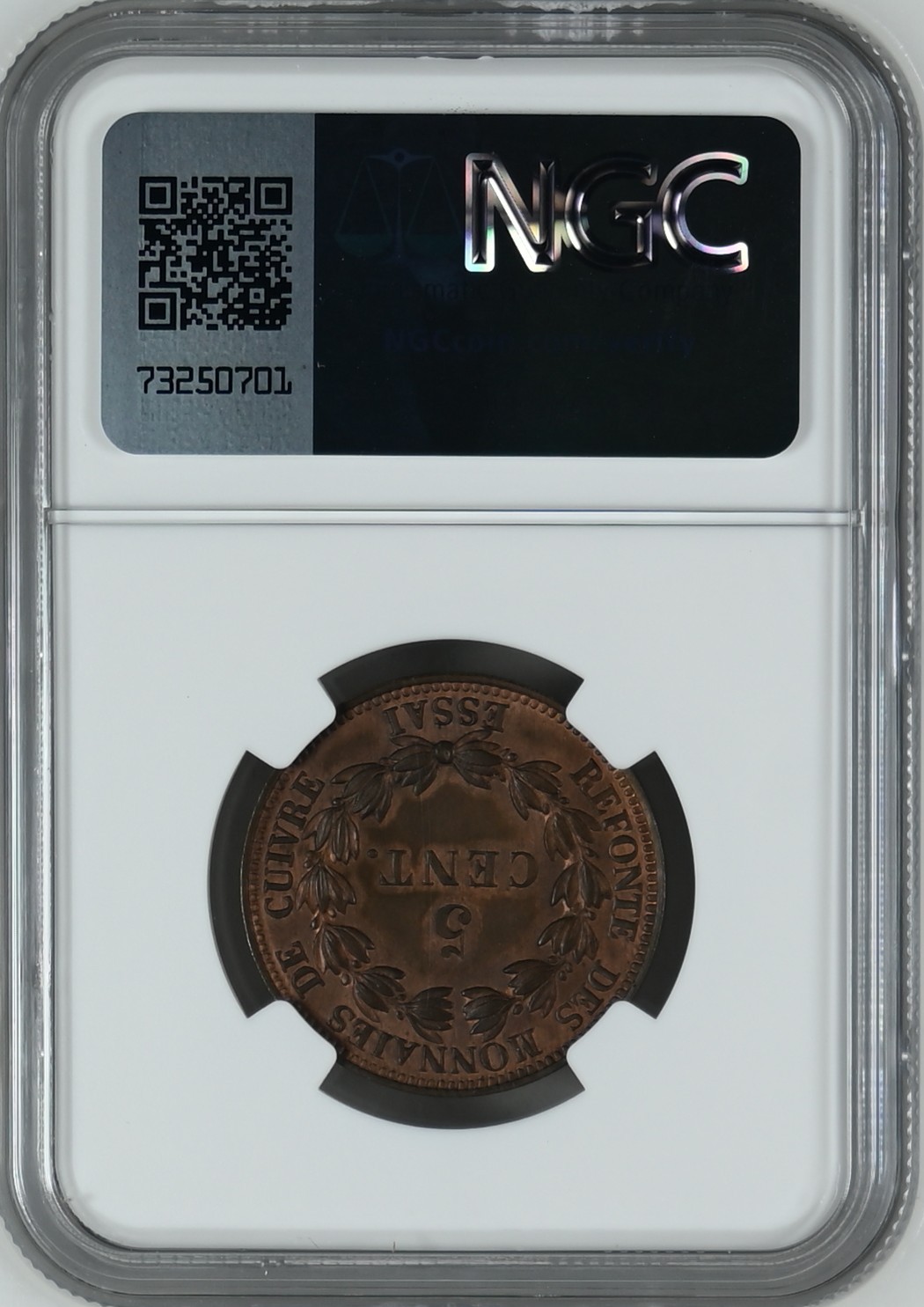 长老汇龙年精选第二场 1840 法国菲利普一世5分铜样币，NGC MS63BN，更高分仅有7枚，正面非常有立体感