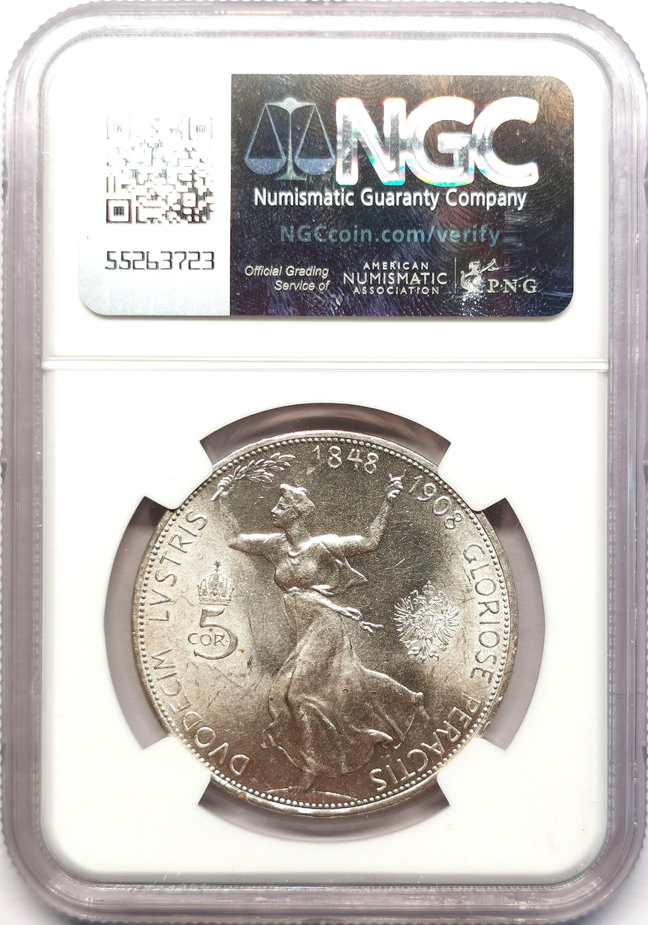 凡希社世界钱币微拍第二百六十二期 1908奥地利弗朗茨加冕60周年拿花5科罗纳大银NGC-MS62光度一流！