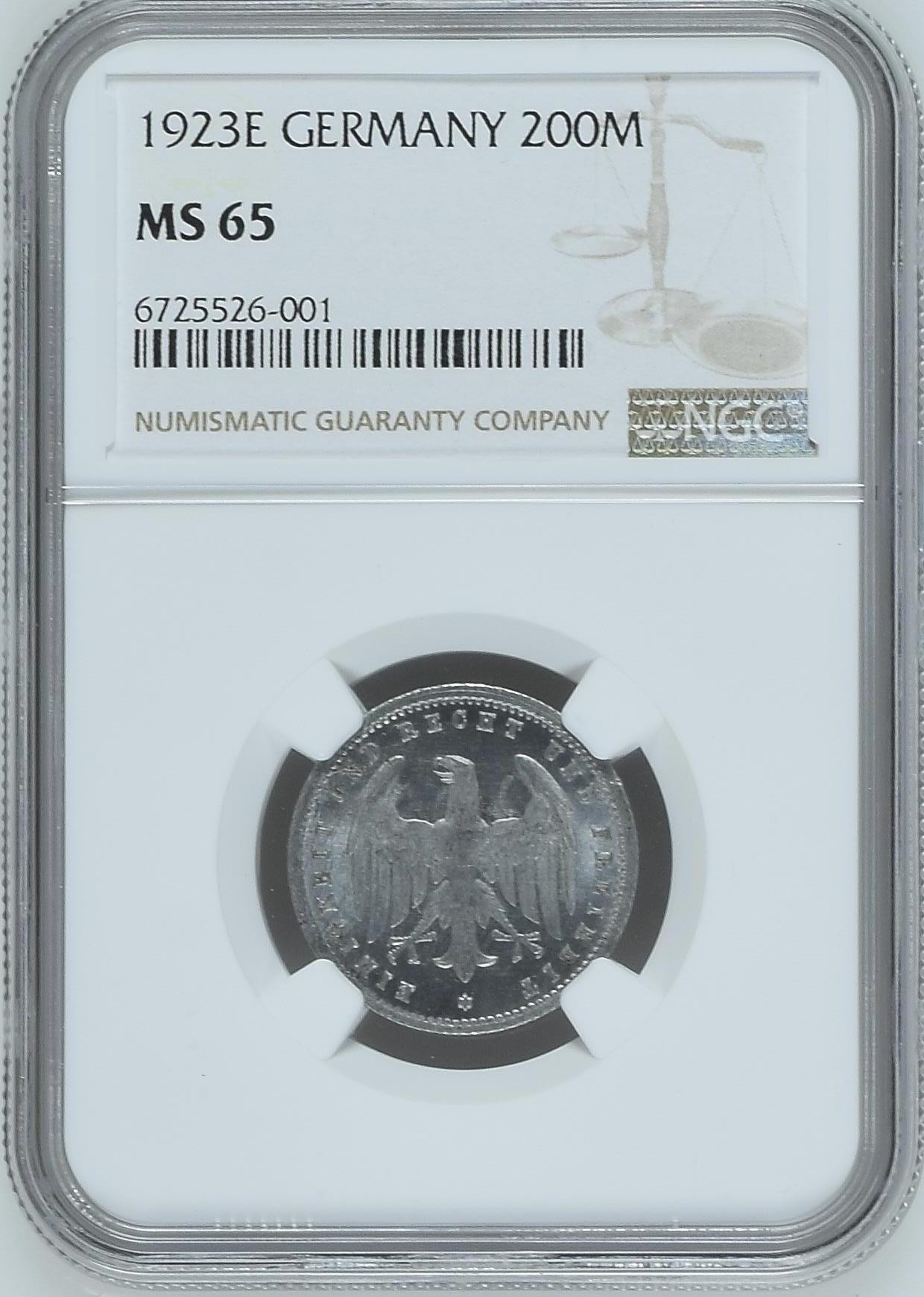 长老汇龙年精选第二场 1923E 德国魏玛200马克铝币，NGC MS65分，亚军分，更高分仅有4枚