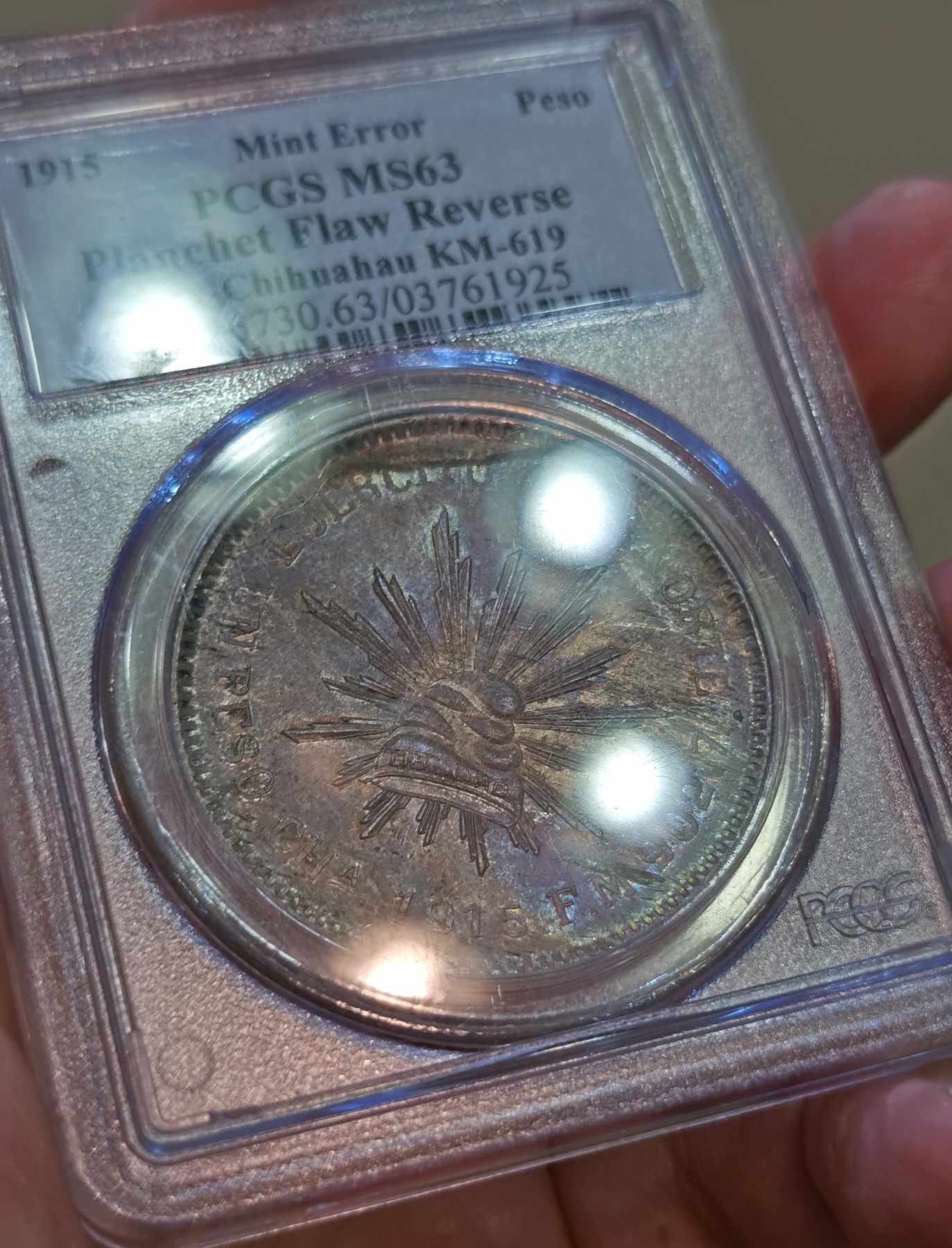 【麦稀奇收藏嘉年华】 博洋堂美国及美洲钱币专场拍卖②暨第127期（全场包邮） PCGS MS63 墨西哥1915年革命时期奇瓦瓦1比索大银币，Mint Error错版，PC唯一记录，今年2月SBP一枚N盒62分成交1800美金美金