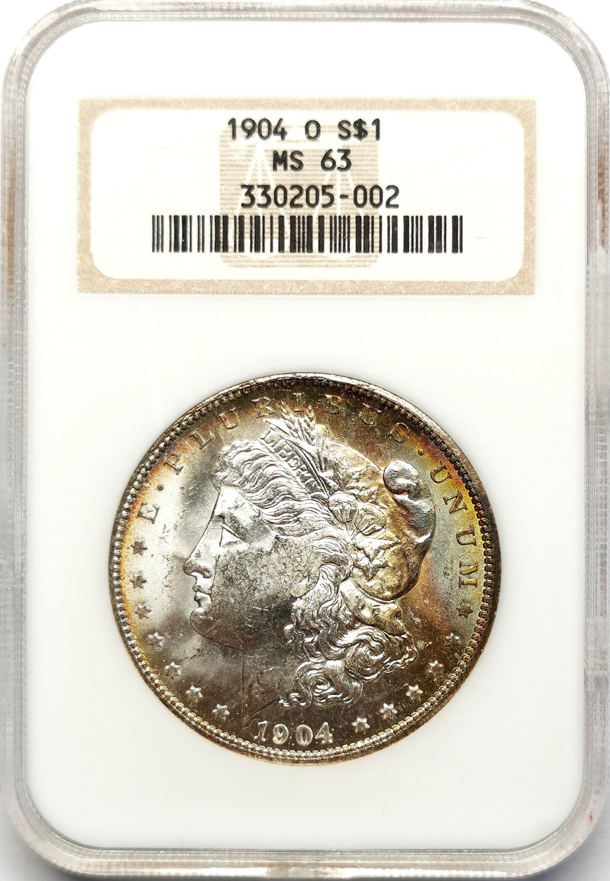 凡希社世界钱币微拍第二百六十二期 1904O美国摩根壹元NGC-MS63彩虹环彩，视觉感一流！