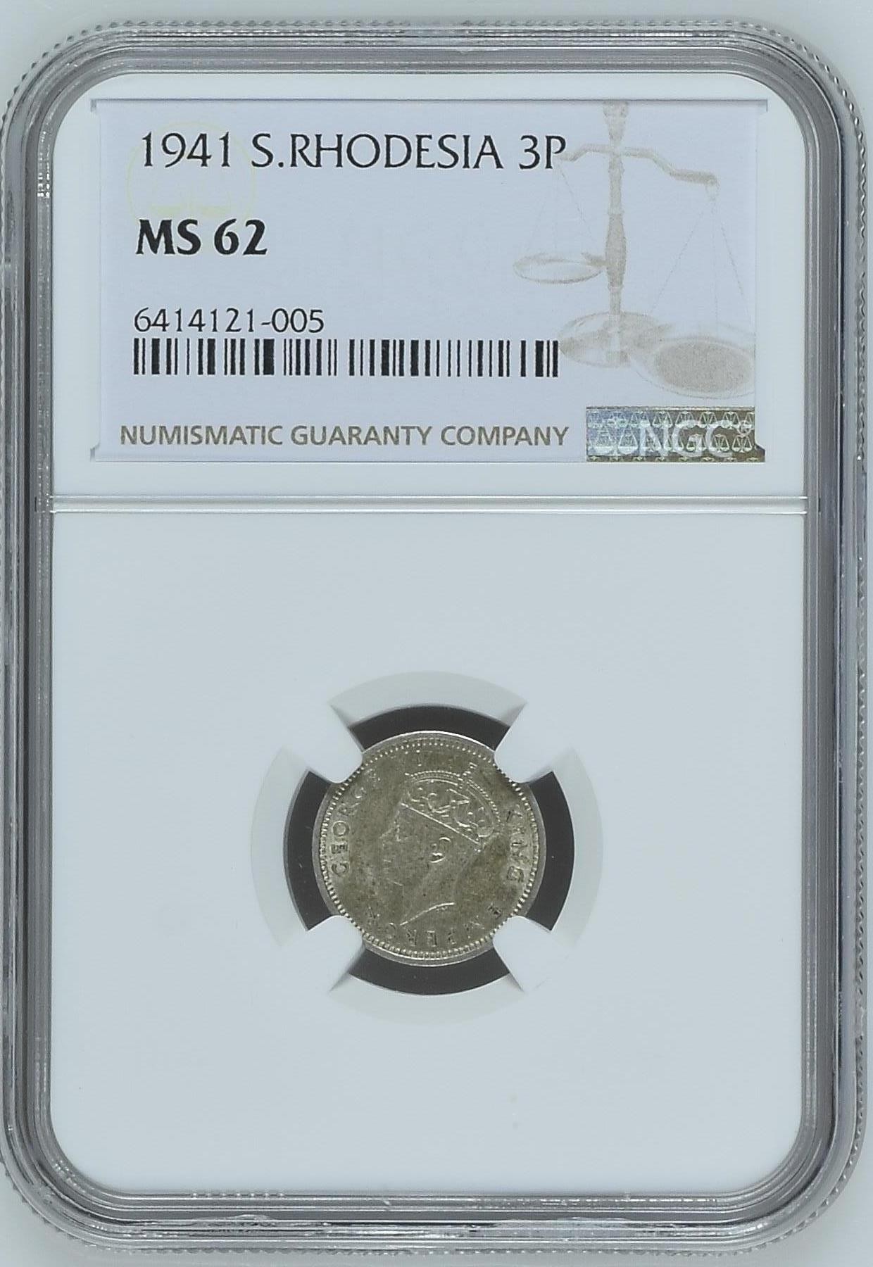 长老汇龙年精选第二场 1941南罗德西亚乔治六世3便士银币，NGC MS62分，更高分仅有6枚