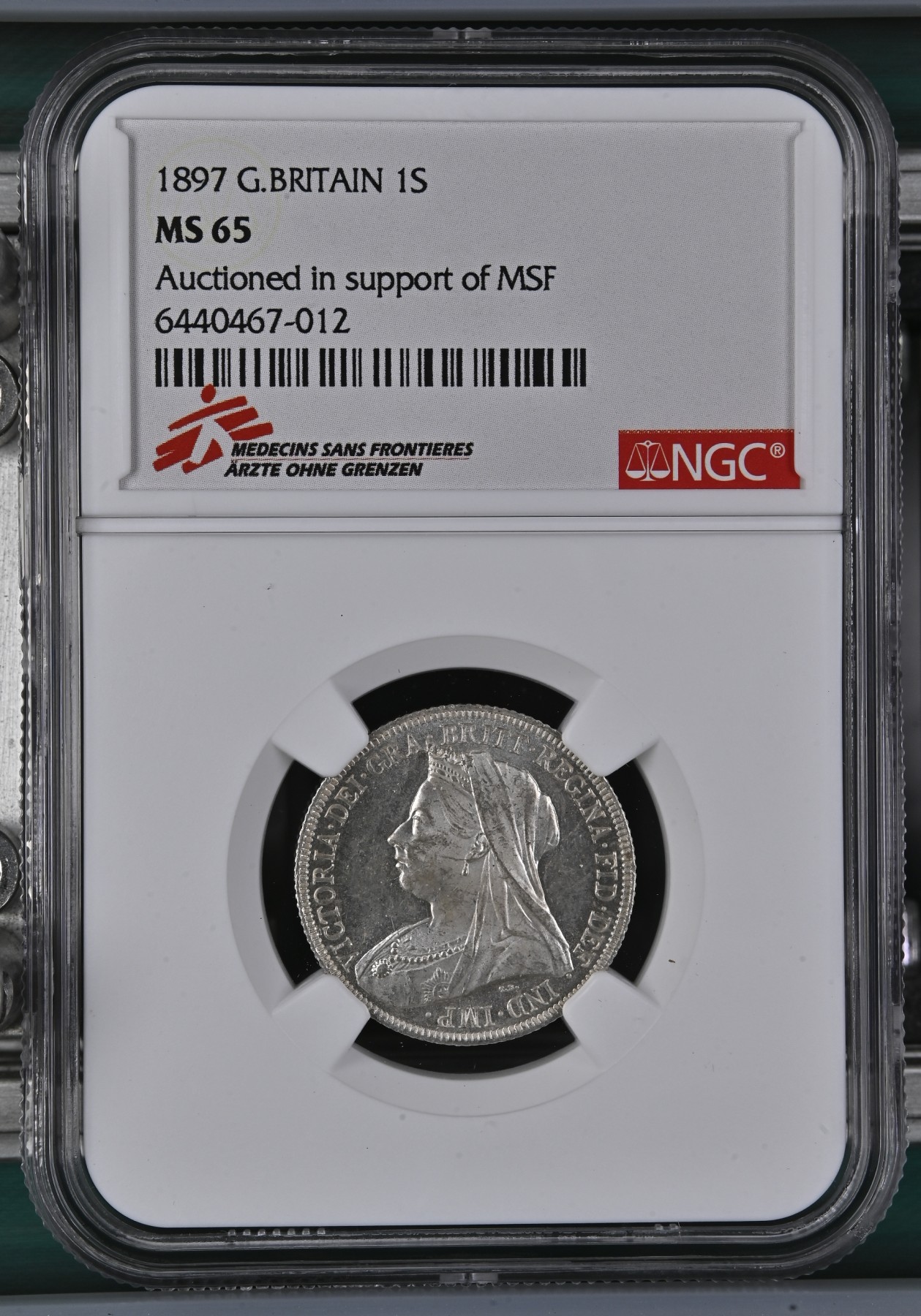 长老汇龙年精选第二场 1897 英国维多利亚1先令银币，NGC MS65分，更高分仅有10枚，无国界医生义卖标