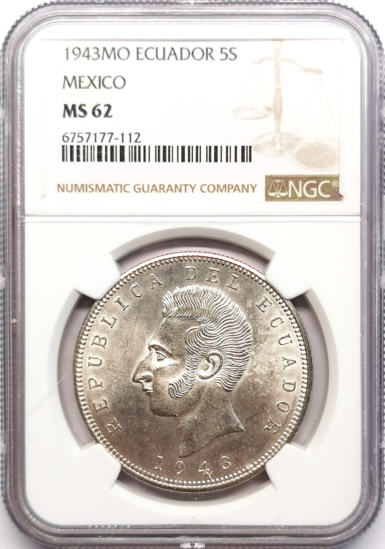 凡希社世界钱币微拍第二百六十二期 1943厄瓜多尔5苏克雷大银NGC-MS62