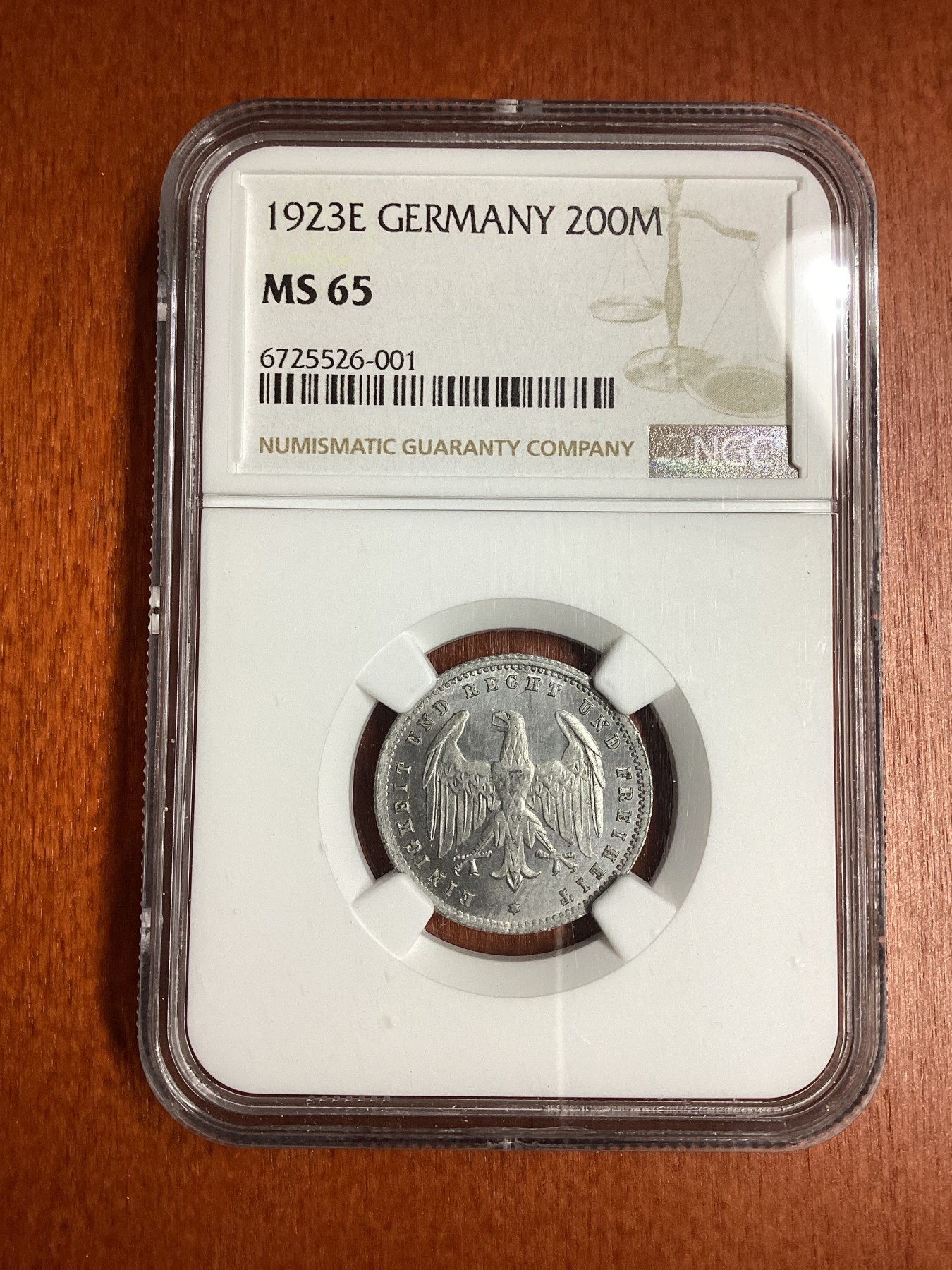 长老汇龙年精选第二场 1923E 德国魏玛200马克铝币，NGC MS65分，亚军分，更高分仅有4枚