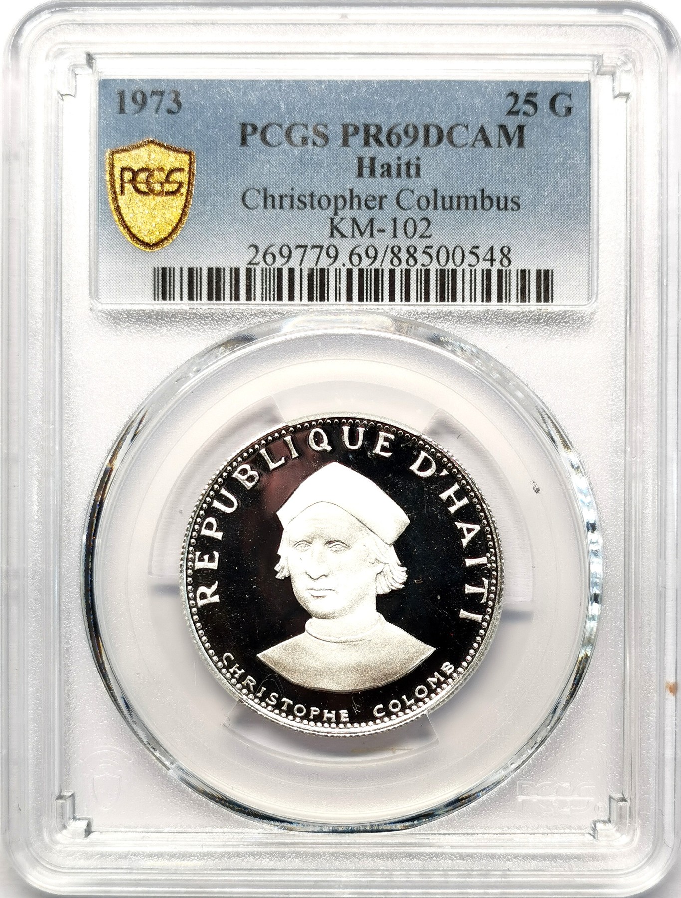 凡希社世界钱币微拍第二百六十二期 1973海地哥伦布纪念25G银币精铸PCGS-PR69DCAM