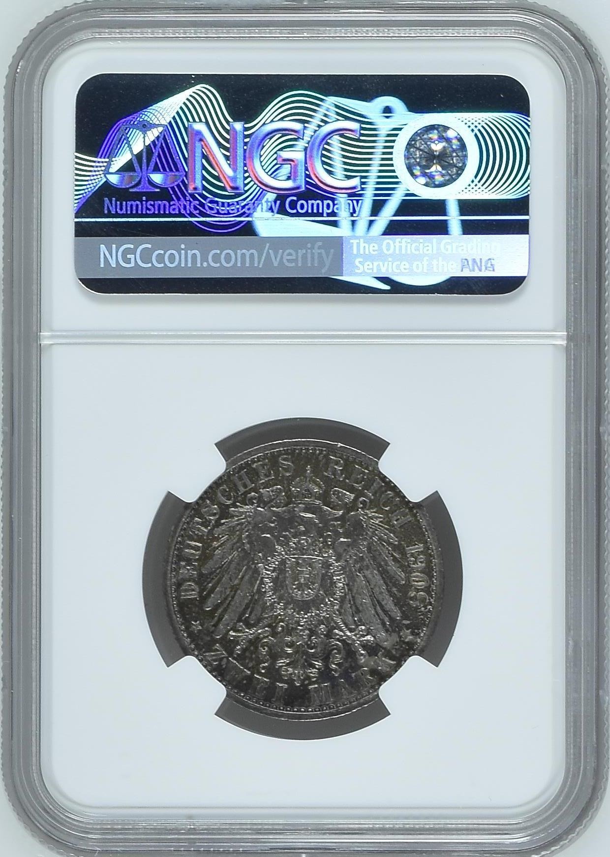 长老汇龙年精选第二场 1908A 德国普鲁士耶拿大学2马克银币，NGC UNC，五彩包浆