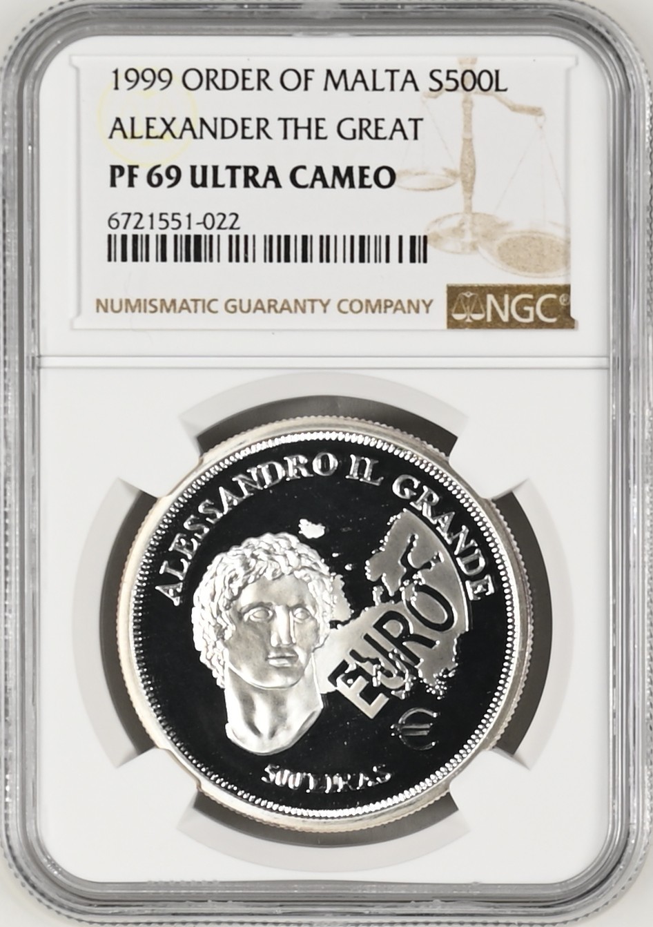 长老汇龙年精选第二场 1999 马耳他亚历山大大帝500里拉精制银币，NGC PF69UC，三枚冠军分之一