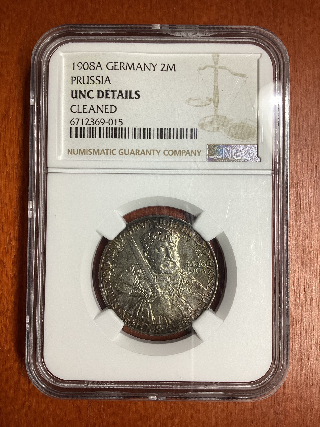 长老汇龙年精选第二场 1908A 德国普鲁士耶拿大学2马克银币，NGC UNC，五彩包浆