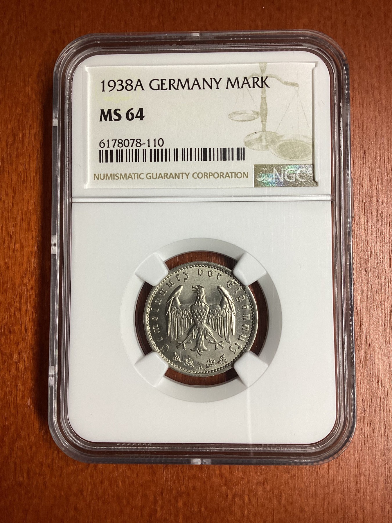 长老汇龙年精选第二场 1938A 德国第三帝国1马克镍币，NGC MS64分，季军分，更高分仅有2枚