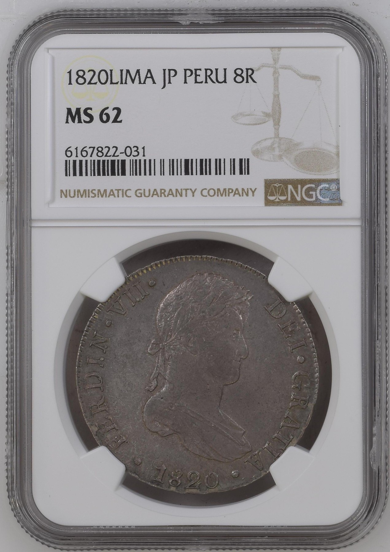 长老汇龙年精选第二场 1820LIMA JP 西属秘鲁费迪南七世8里亚尔双柱银币，NGC MS62分，非常漂亮