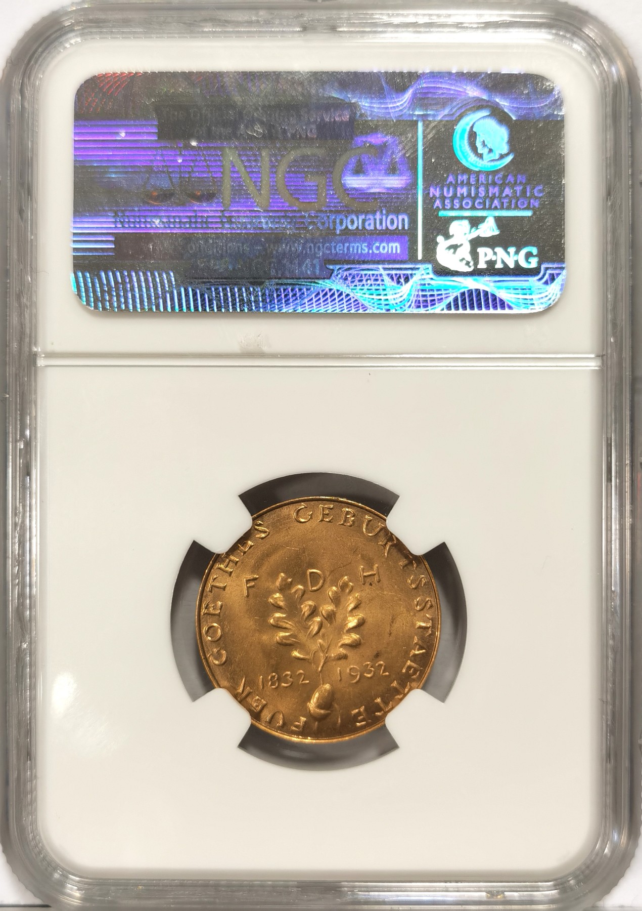 博洋堂“长夏未央”8月精品专场暨第089期（全场包邮） NGC MS64 德国魏玛时期1932年约翰·沃尔夫冈·冯·歌德纪念金章，22.7mm，6.2g，罕见，比同期兴登堡金章要少见很多