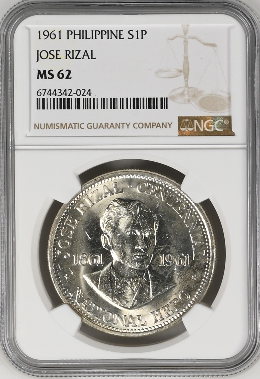 长老汇龙年精选第二场 1961 菲律宾国家英雄系列黎萨尔1比索银币，NGC MS62分