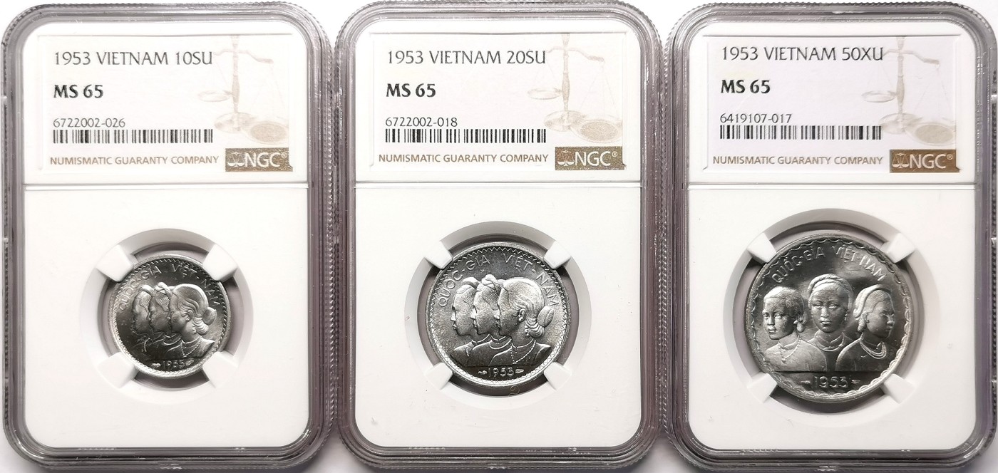 凡希社世界钱币微拍第二百六十二期 1953南越流通版铝币三枚套NGC-MS65高分顶级品！
