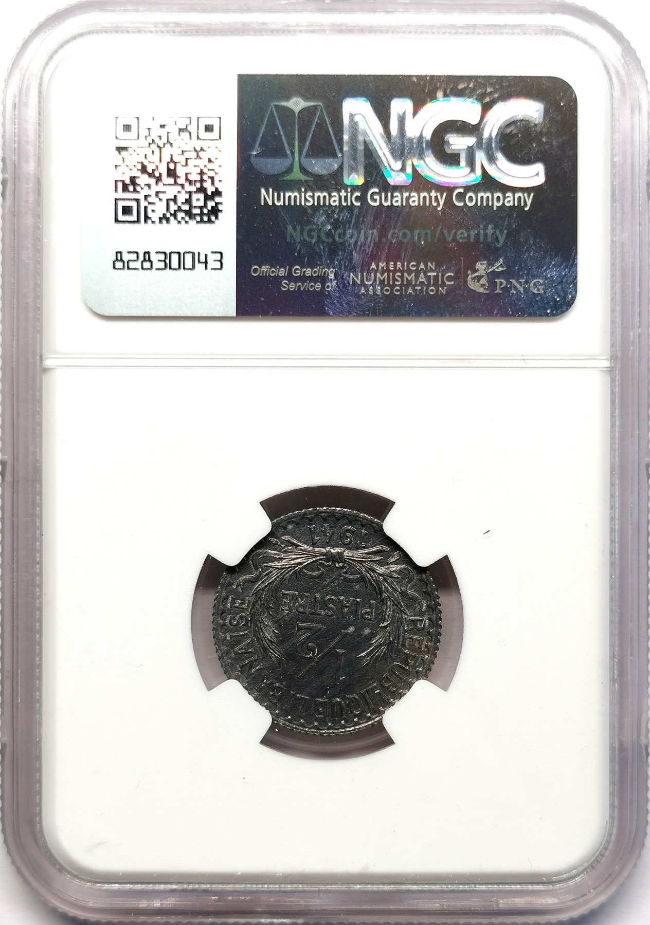 凡希社世界钱币微拍第二百六十二期 1941黎巴嫩1/2P锡币NGC-MS64