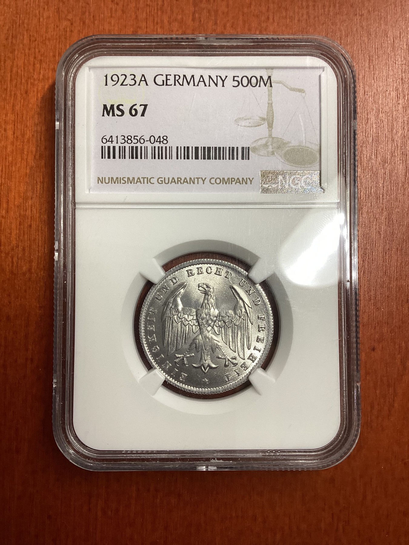 长老汇龙年精选第二场 1923A 德国魏玛500马克铝币，NGC MS67分，季军分，更高分仅有5枚