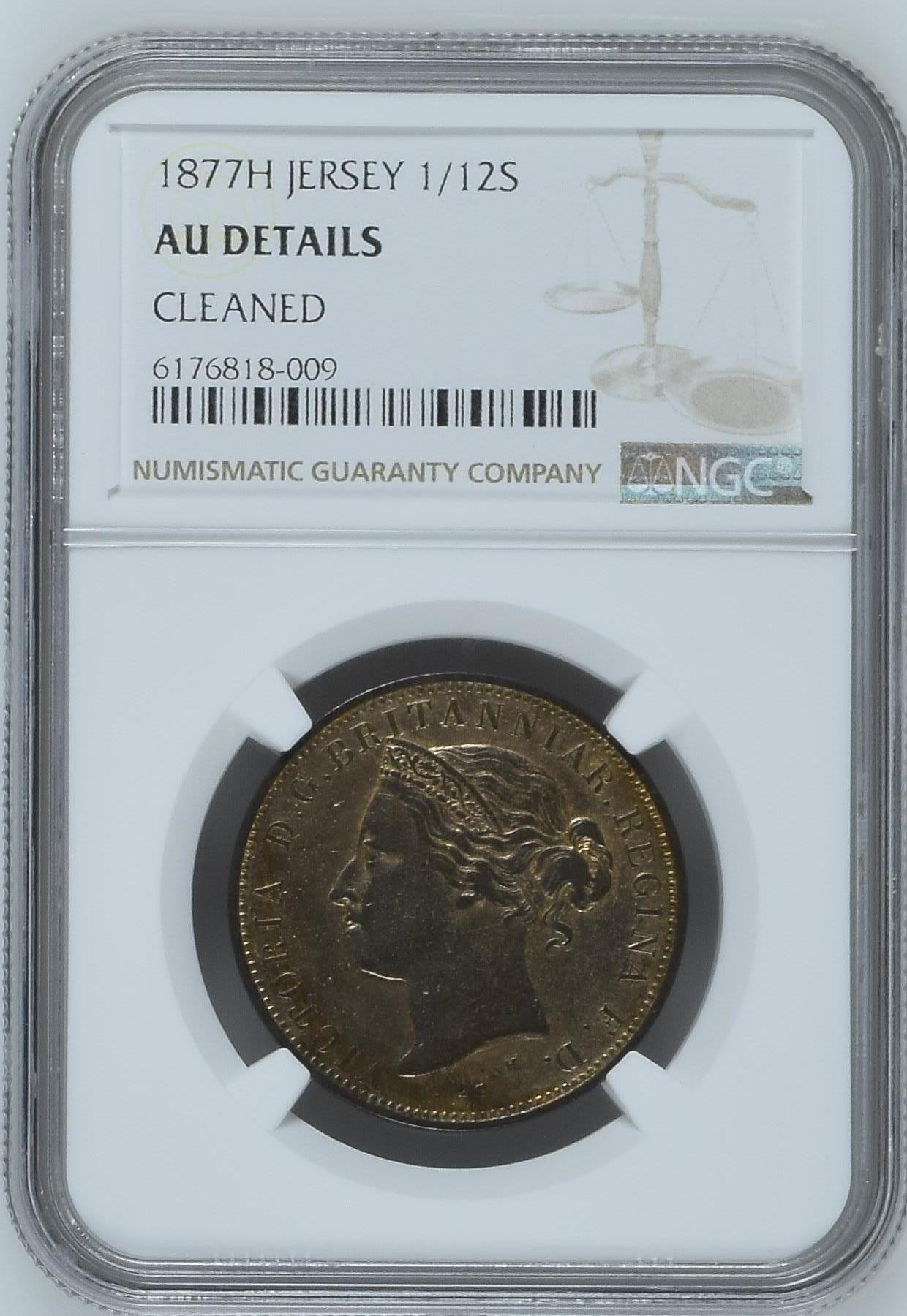 长老汇龙年精选第二场 1877H 泽西维多利亚1/12先令铜币，NGC AUC