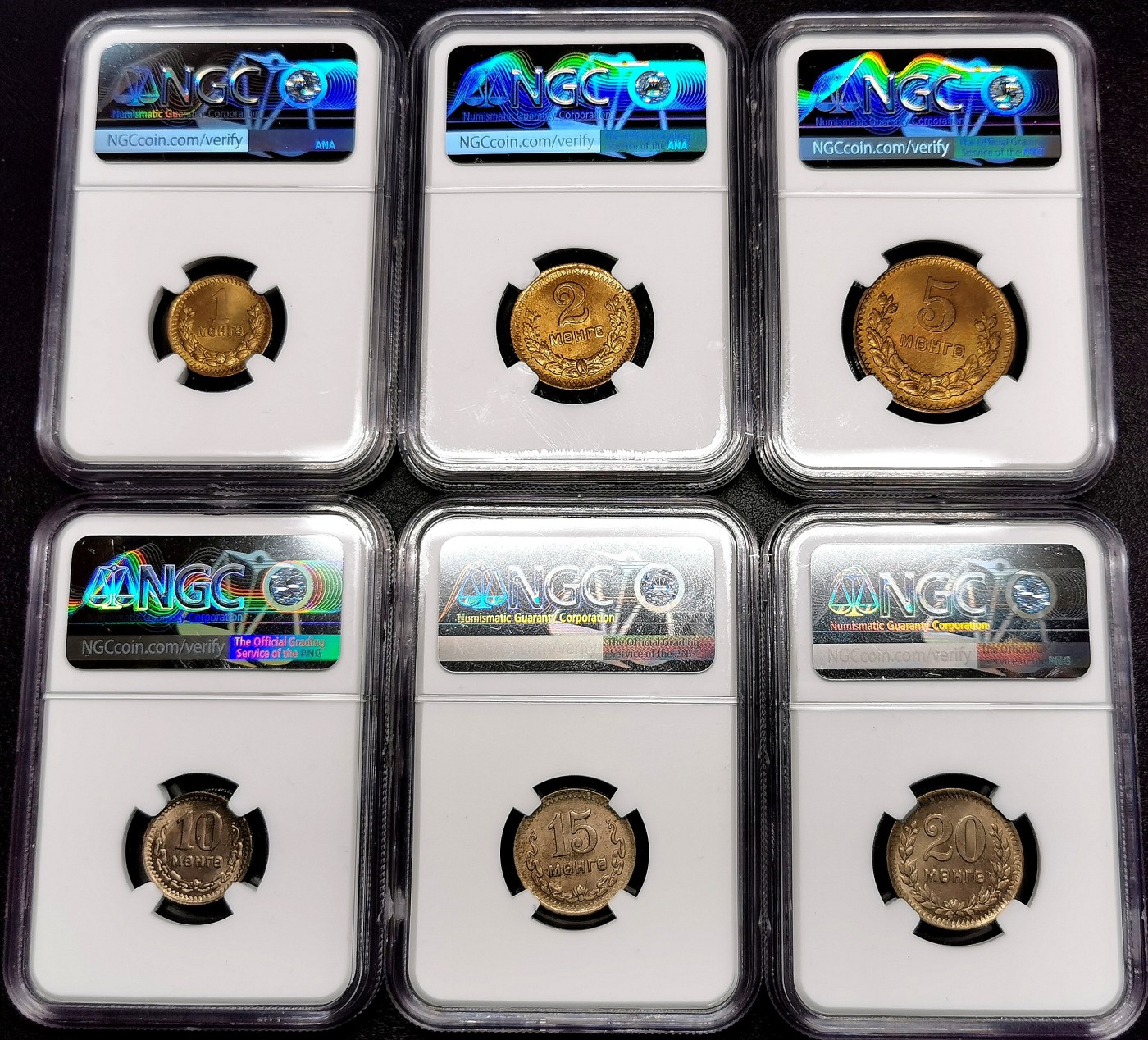 凡希社世界钱币微拍第二百六十二期 荐！1945蒙古国流通版1M-20M六枚套NGC-MS64/65原光，全套高分顶级品相！