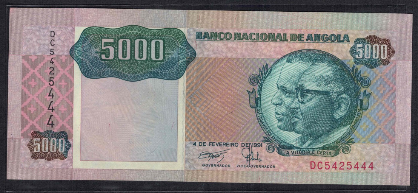 安哥拉1991年5000宽扎 数三 豹子号 签名17 P-130b 非洲纸币 实物图 UNC