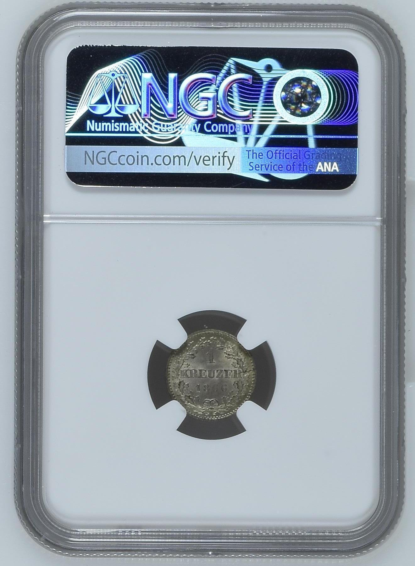 长老汇龙年精选第二场 1866 德国法兰克福1克洛泽银币，NGC MS67分，季军分，更高分仅有6枚，特年