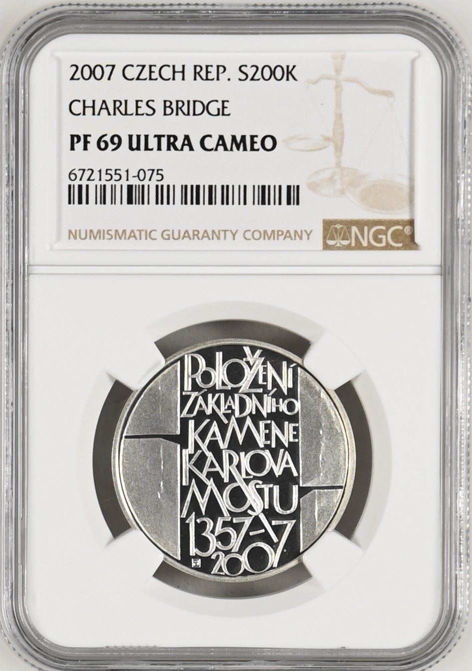 长老汇龙年精选第二场 2007 捷克查理桥200克朗精制银币，NGC PF69UC，更高分仅有8枚